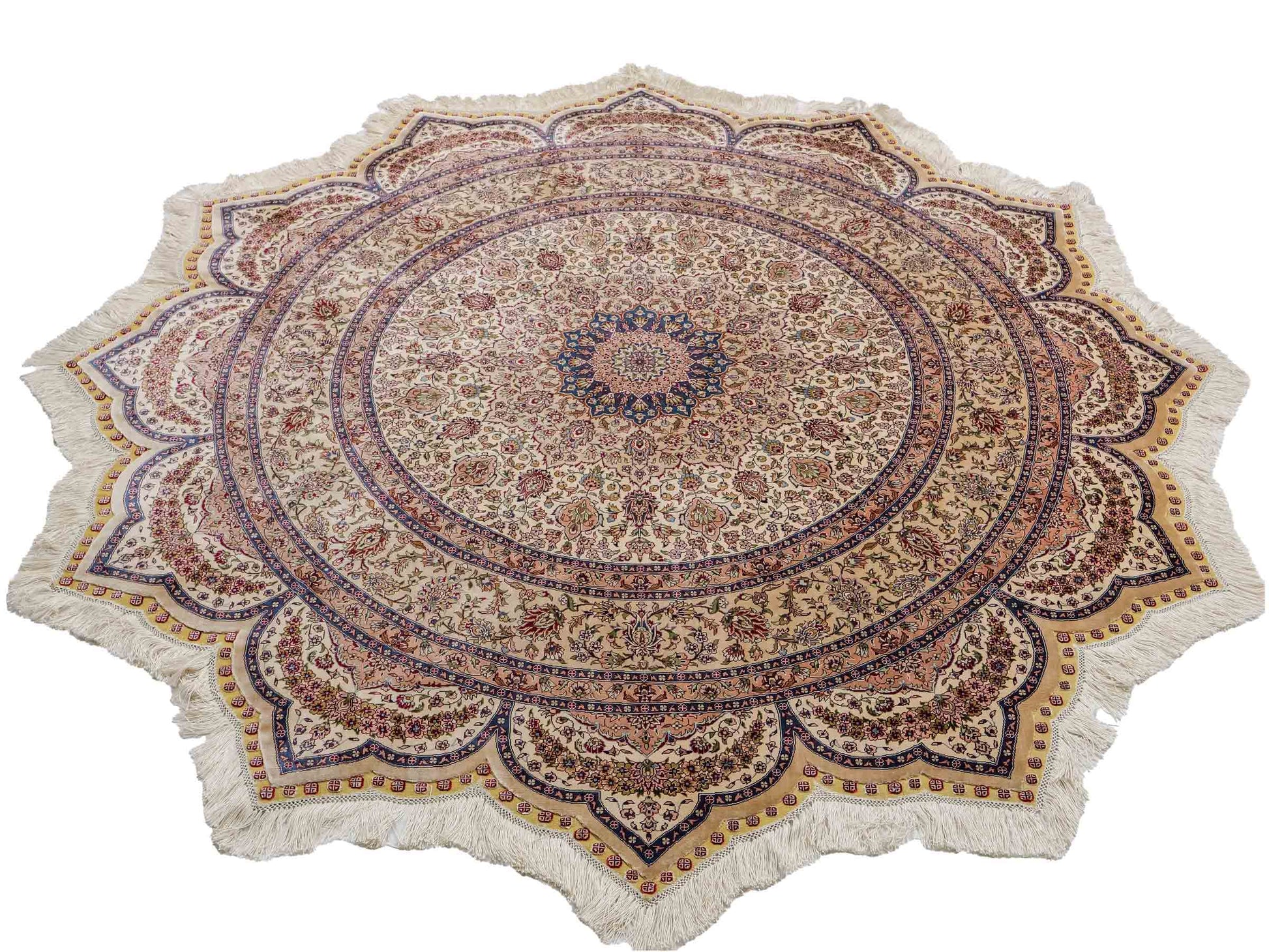 Sehr feiner, handgeknüpfter, runder Khademi Orientteppich mit Ghom Design aus reiner Seide, creme, weiß, blau. 188x188 cm. Vertrieb durch Jupiter Intl.