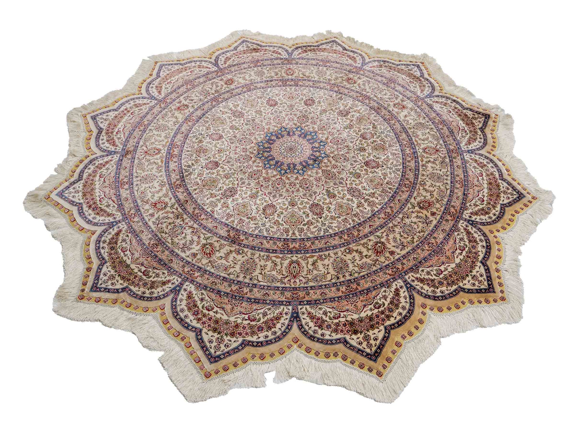 Sehr feiner, handgeknüpfter, runder Khademi Orientteppich mit Ghom Design aus reiner Seide, creme, weiß, blau. 188x188 cm. Vertrieb durch Jupiter Intl.