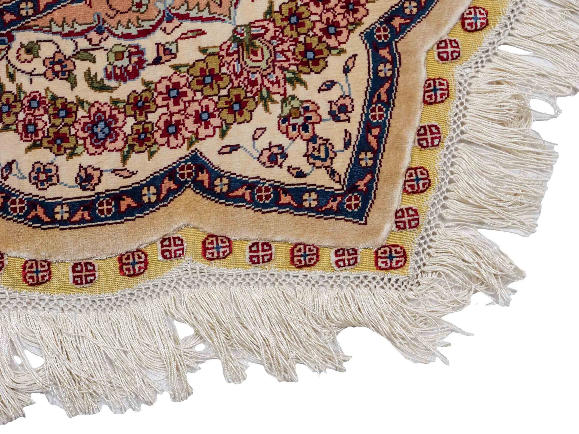 Sehr feiner, handgeknüpfter, runder Khademi Orientteppich mit Ghom Design aus reiner Seide, creme, weiß, blau. 188x188 cm. Vertrieb durch Jupiter Intl.