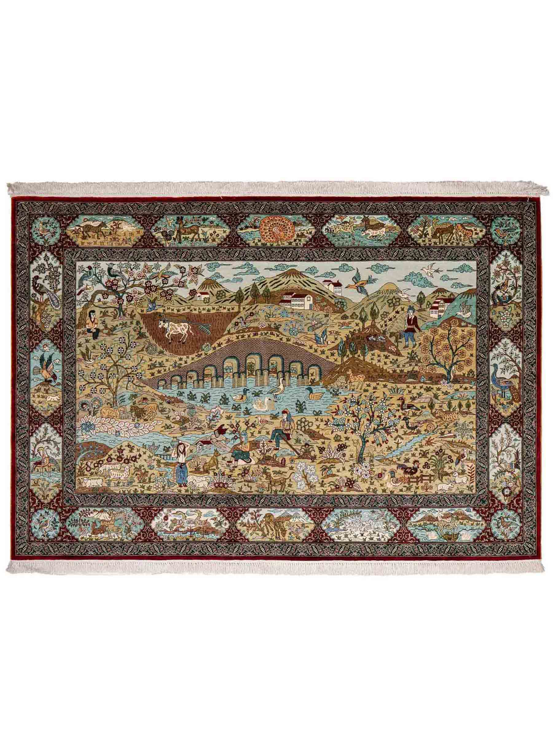 Sehr feiner, handgeknüpfter Khademi Orientteppich mit Ghom Design aus reiner Seide, rot, multicolor. 189x123 cm. Vertrieb durch Jupiter Intl.