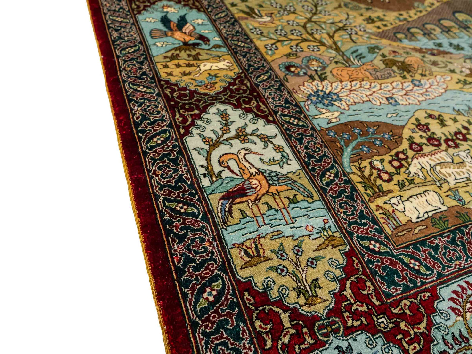 Sehr feiner, handgeknüpfter Khademi Orientteppich mit Ghom Design aus reiner Seide, rot, multicolor. 189x123 cm. Vertrieb durch Jupiter Intl.