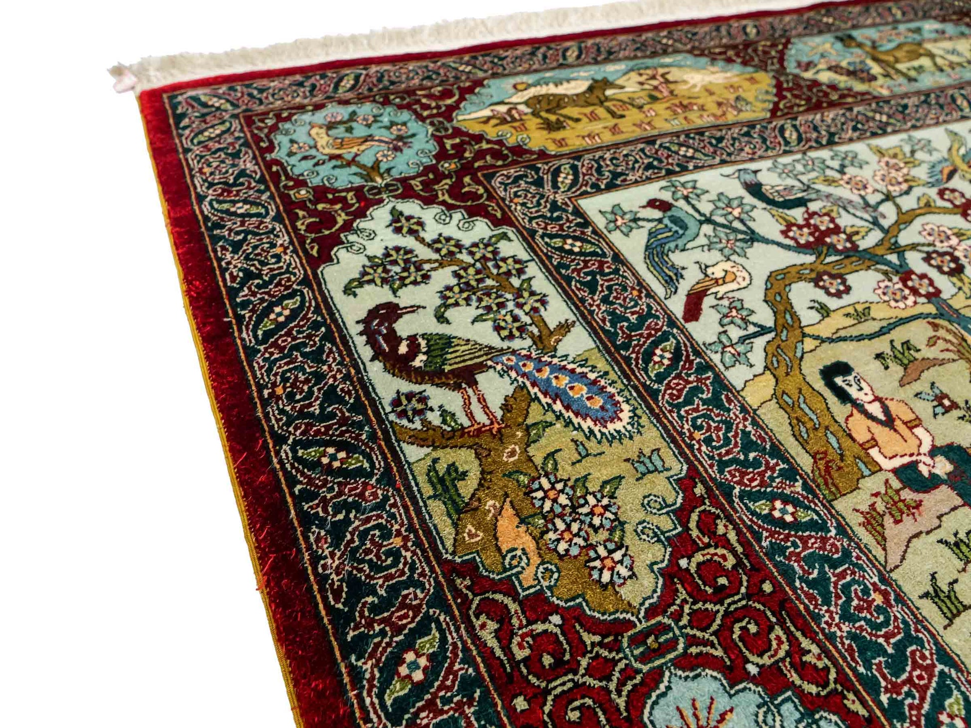 Sehr feiner, handgeknüpfter Khademi Orientteppich mit Ghom Design aus reiner Seide, rot, multicolor. 189x123 cm. Vertrieb durch Jupiter Intl.