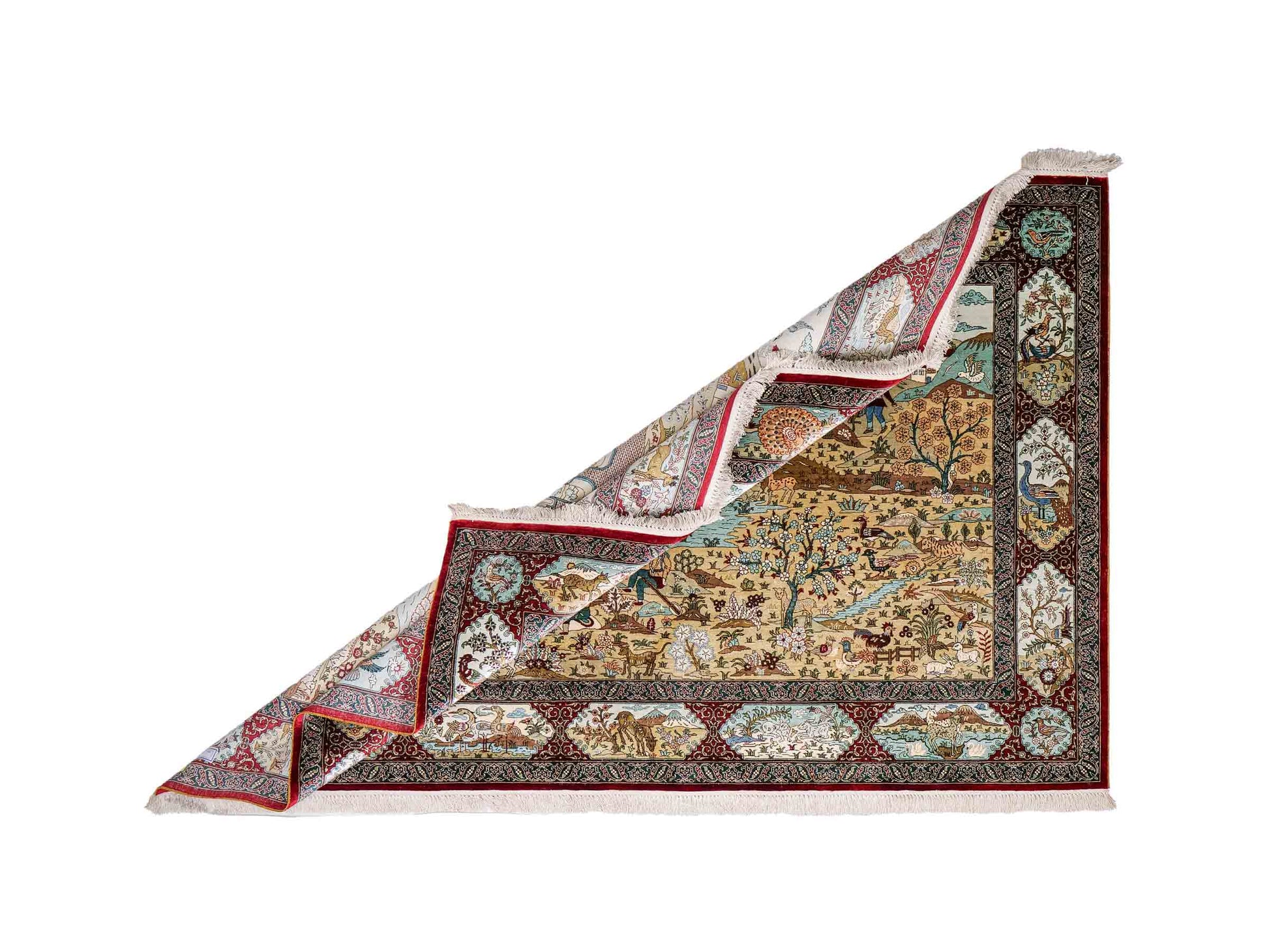Sehr feiner, handgeknüpfter Khademi Orientteppich mit Ghom Design aus reiner Seide, rot, multicolor. 189x123 cm. Vertrieb durch Jupiter Intl.