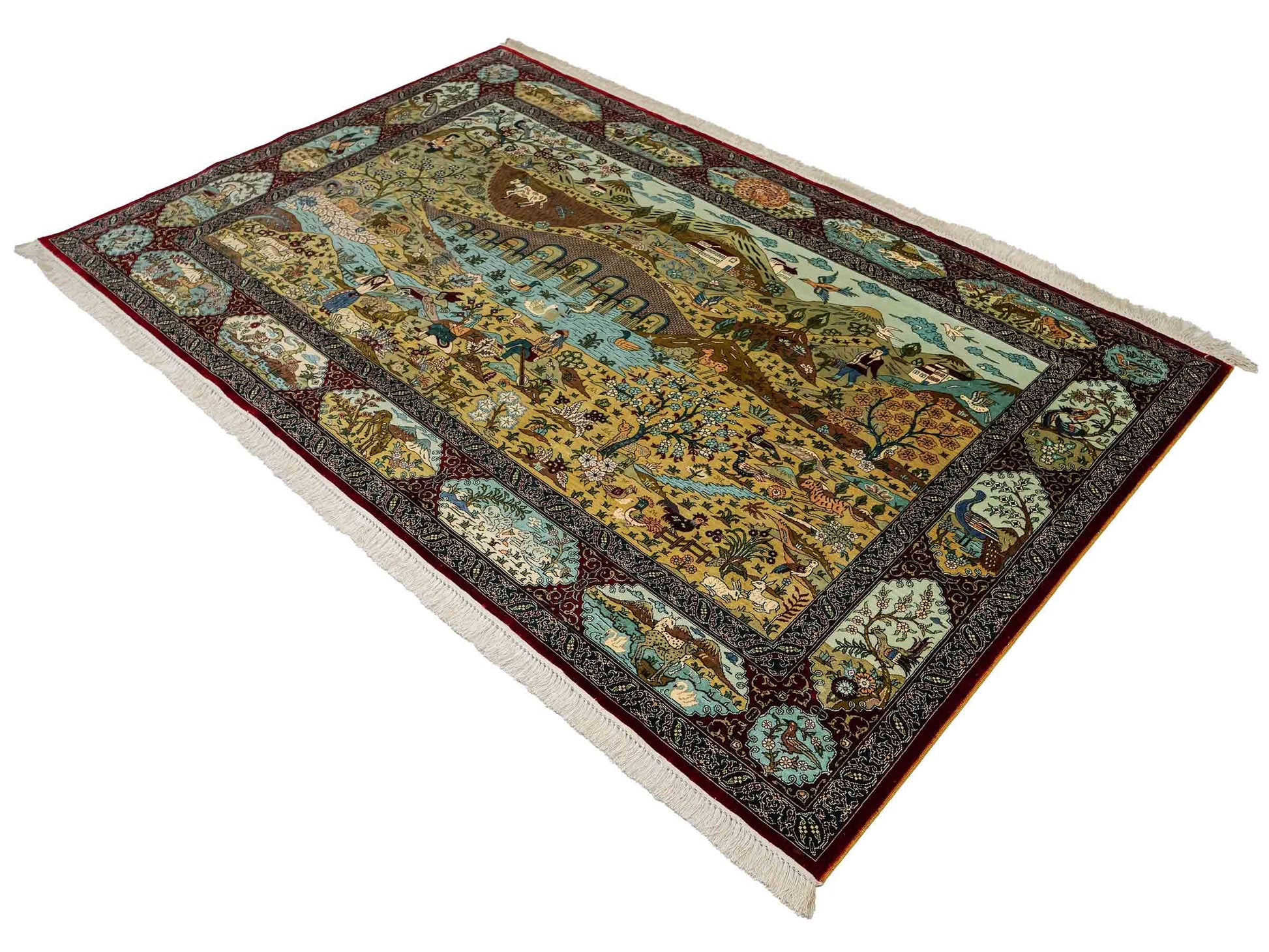 Sehr feiner, handgeknüpfter Khademi Orientteppich mit Ghom Design aus reiner Seide, rot, multicolor. 189x123 cm. Vertrieb durch Jupiter Intl.