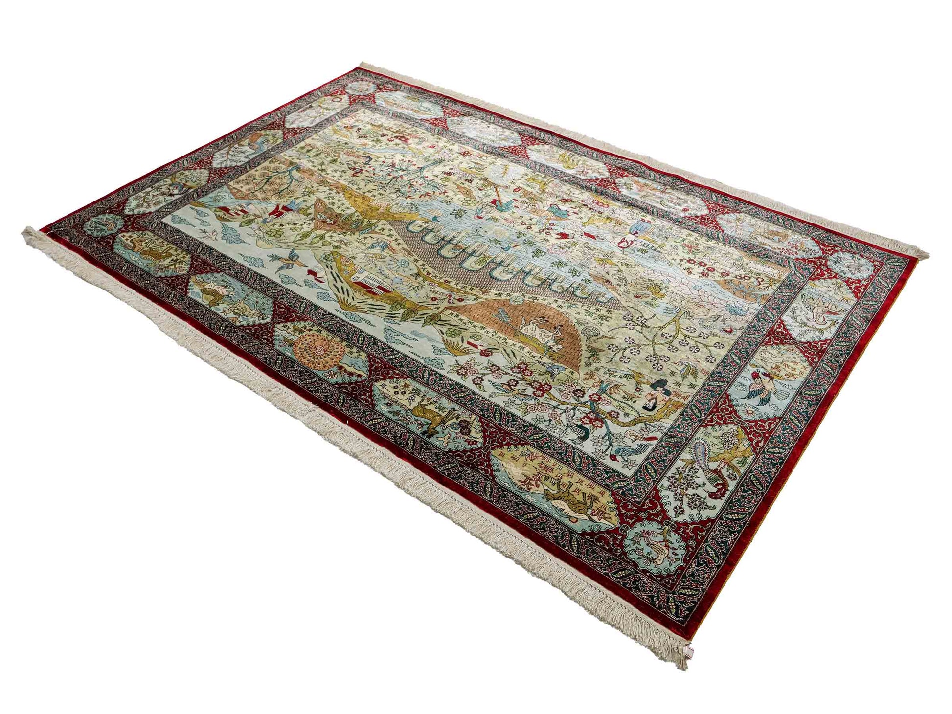 Sehr feiner, handgeknüpfter Khademi Orientteppich mit Ghom Design aus reiner Seide, rot, multicolor. 189x123 cm. Vertrieb durch Jupiter Intl.