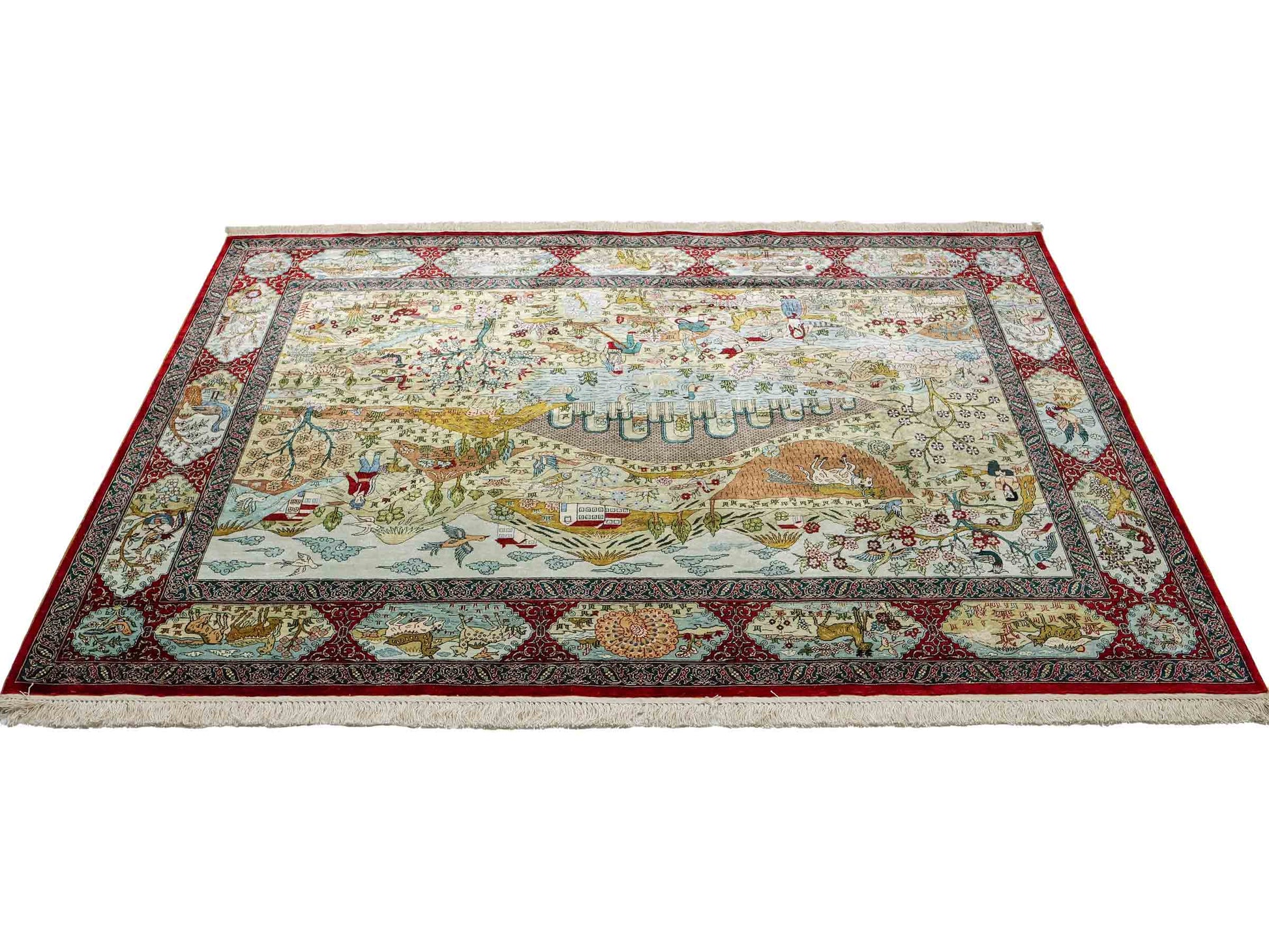 Sehr feiner, handgeknüpfter Khademi Orientteppich mit Ghom Design aus reiner Seide, rot, multicolor. 189x123 cm. Vertrieb durch Jupiter Intl.