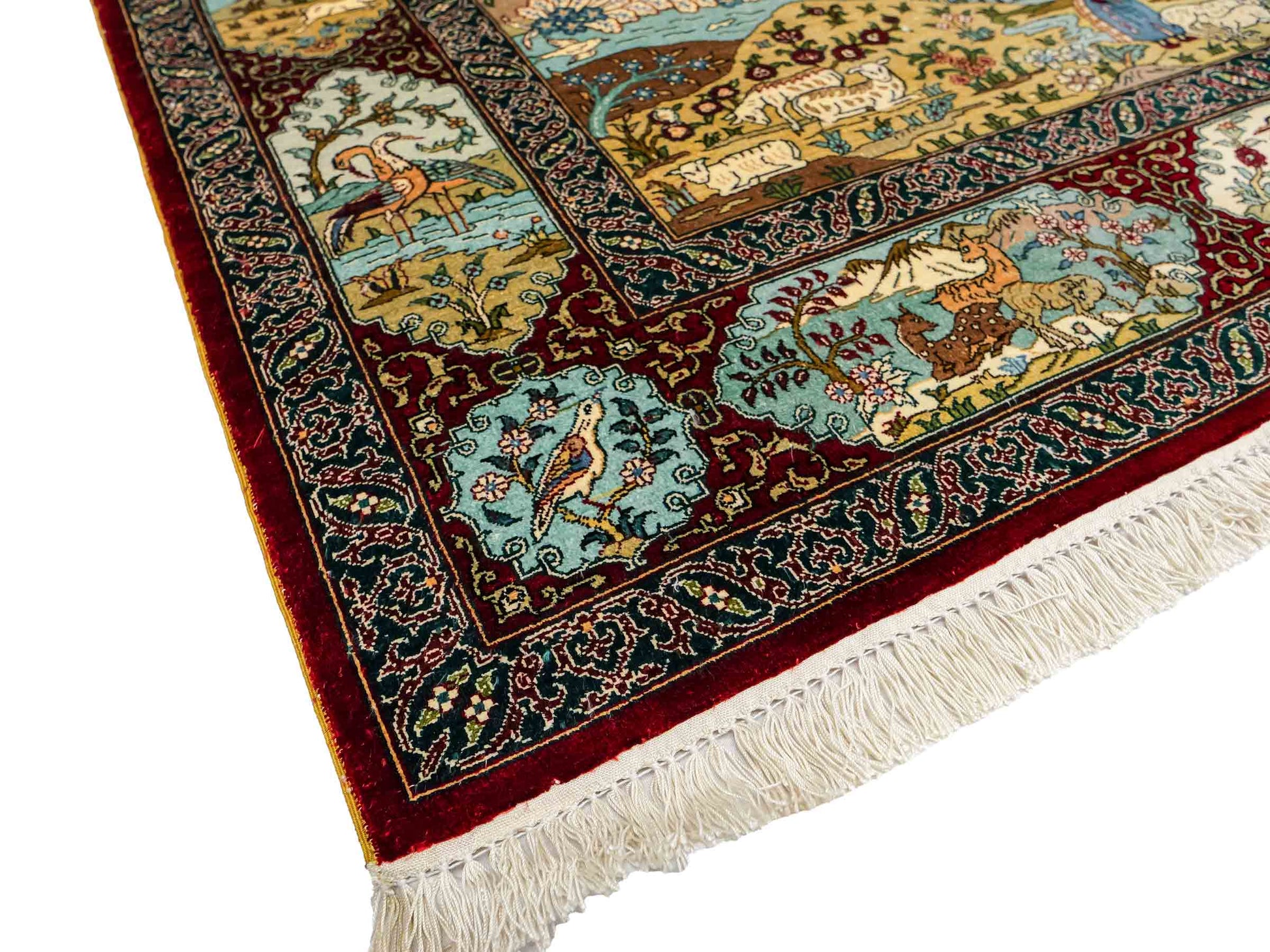 Sehr feiner, handgeknüpfter Khademi Orientteppich mit Ghom Design aus reiner Seide, rot, multicolor. 189x123 cm. Vertrieb durch Jupiter Intl.