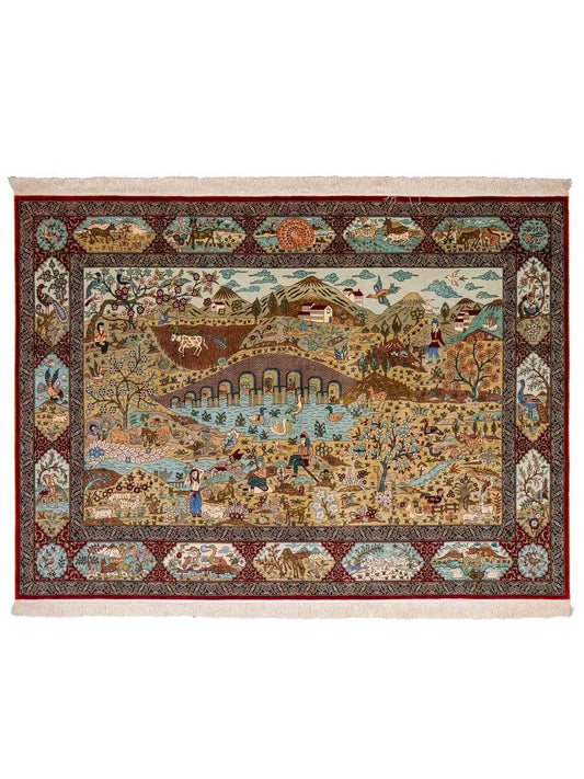 Sehr feiner, handgeknüpfter Khademi Orientteppich mit Ghom Design aus reiner Seide, rot, multicolor. 189x124 cm. Vertrieb durch Jupiter Intl.