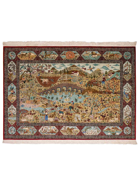 Sehr feiner, handgeknüpfter Khademi Orientteppich mit Ghom Design aus reiner Seide, rot, multicolor. 189x125 cm. Vertrieb durch Jupiter Intl.