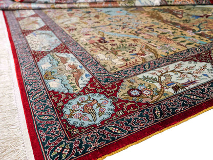 Sehr feiner, handgeknüpfter Khademi Orientteppich mit Ghom Design aus reiner Seide, rot, multicolor. 190x124 cm. Vertrieb durch Jupiter Intl.