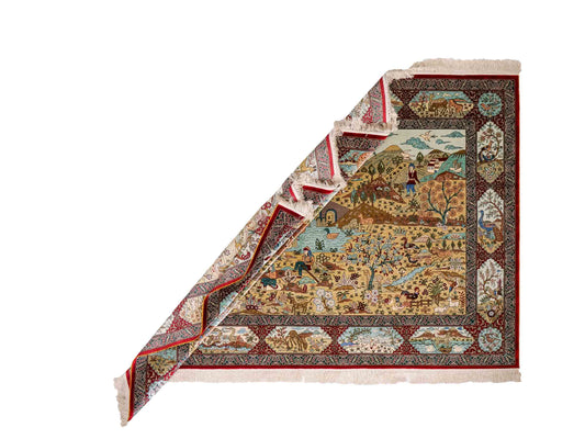 Sehr feiner, handgeknüpfter Khademi Orientteppich mit Ghom Design aus reiner Seide, rot, multicolor. 190x124 cm. Vertrieb durch Jupiter Intl.