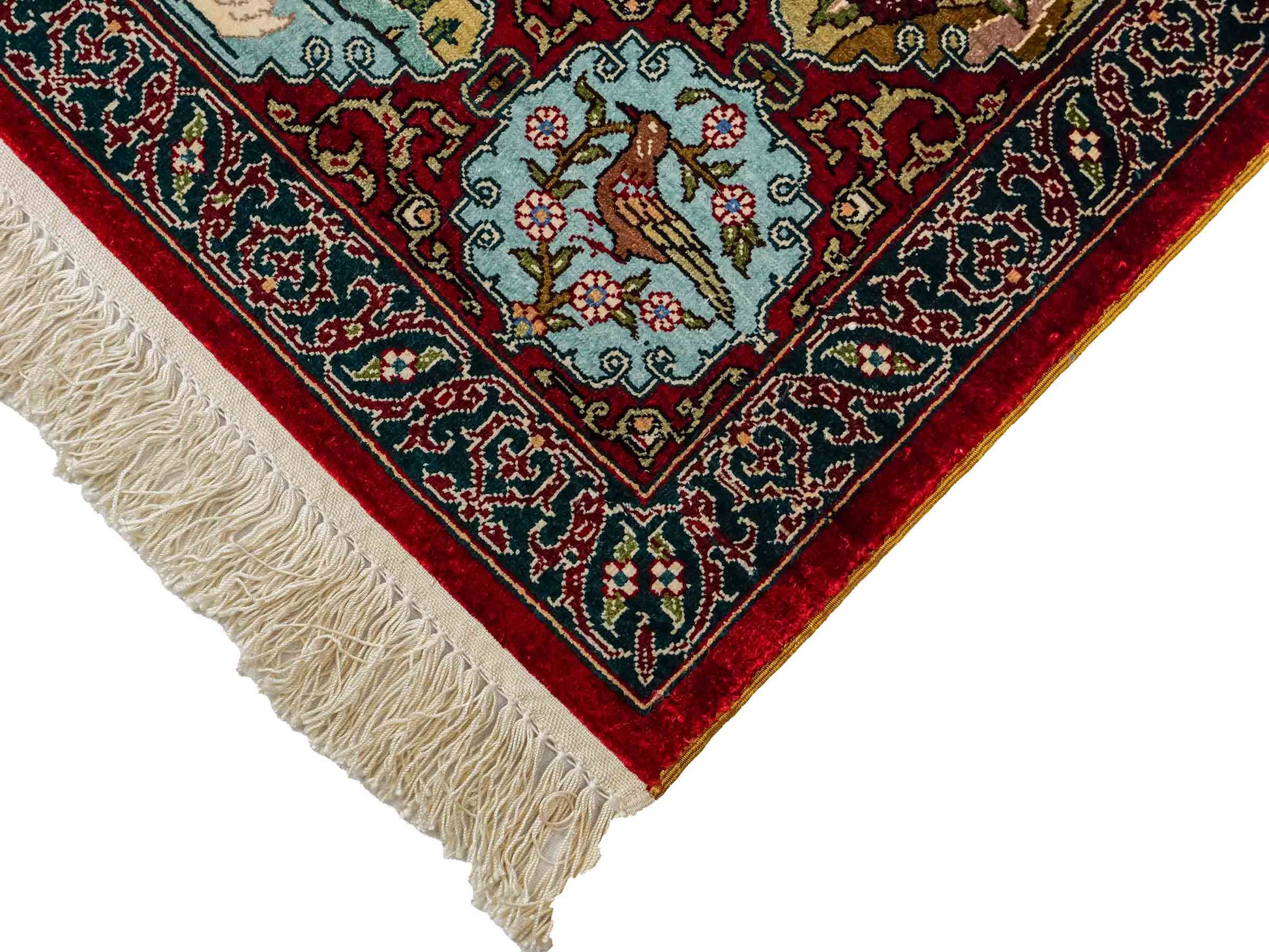 Sehr feiner, handgeknüpfter Khademi Orientteppich mit Ghom Design aus reiner Seide, rot, multicolor. 190x124 cm. Vertrieb durch Jupiter Intl.