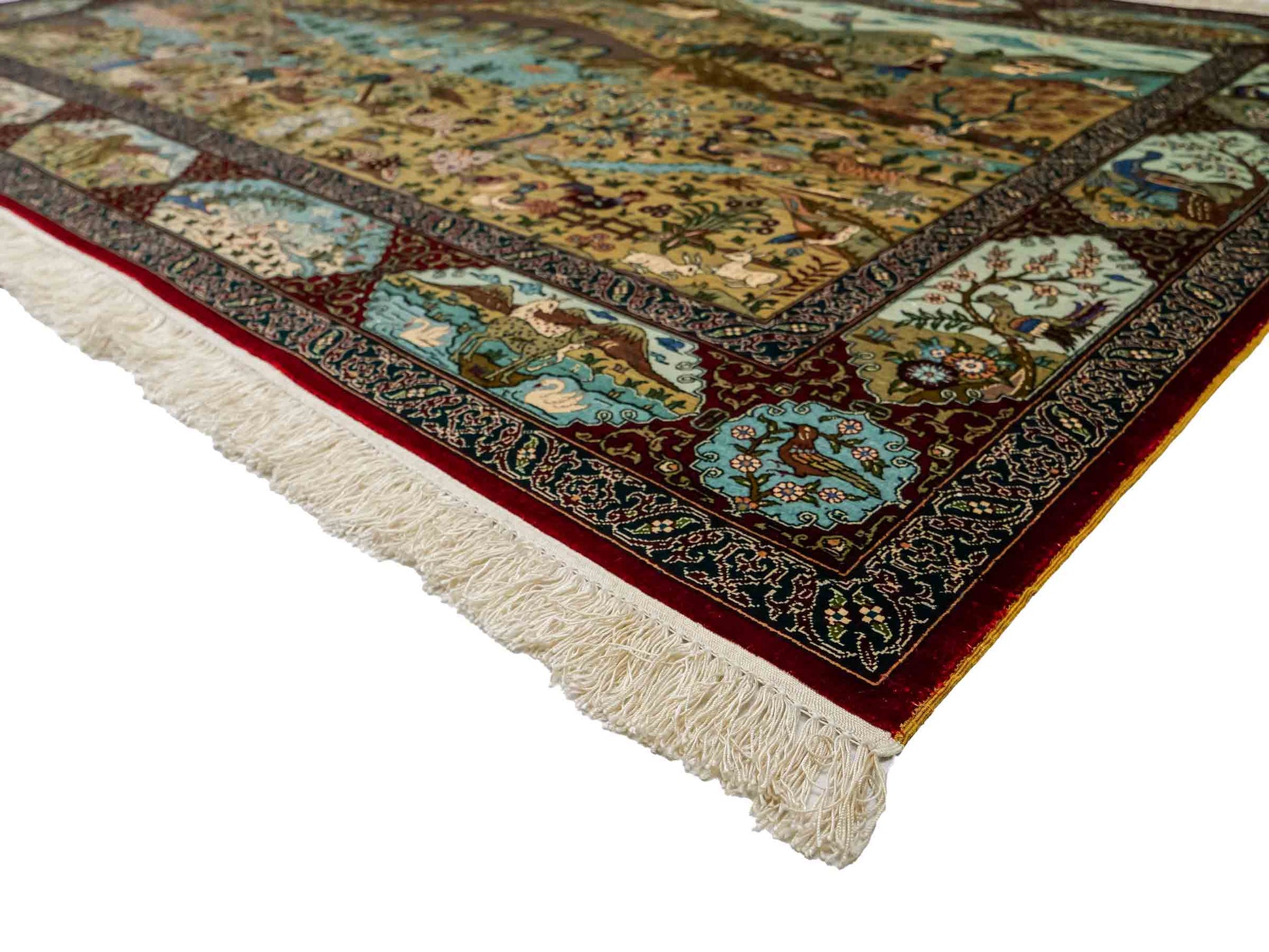 Sehr feiner, handgeknüpfter Khademi Orientteppich mit Ghom Design aus reiner Seide, rot, multicolor. 190x124 cm. Vertrieb durch Jupiter Intl.