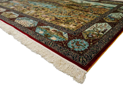 Sehr feiner, handgeknüpfter Khademi Orientteppich mit Ghom Design aus reiner Seide, rot, multicolor. 190x124 cm. Vertrieb durch Jupiter Intl.