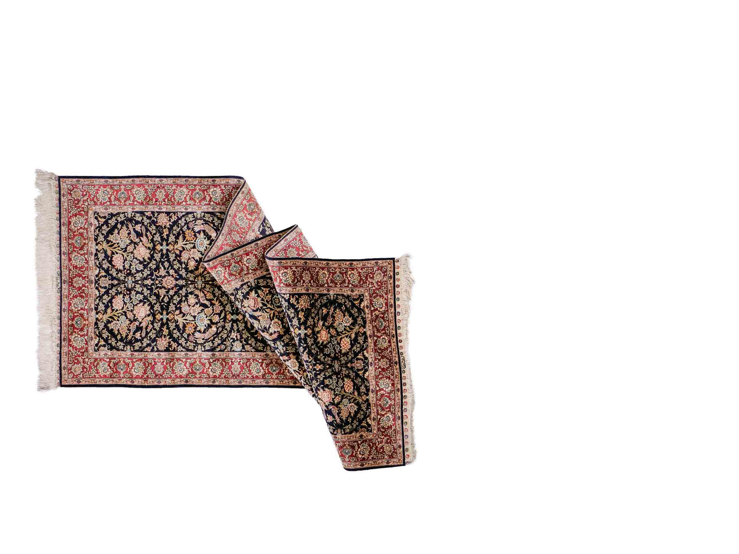 Sehr feiner, handgeknüpfter Khademi Orientteppich Läufer mit Ghom Design aus reiner Seide, blau, rot. 240x80 cm. Vertrieb durch Jupiter Intl.