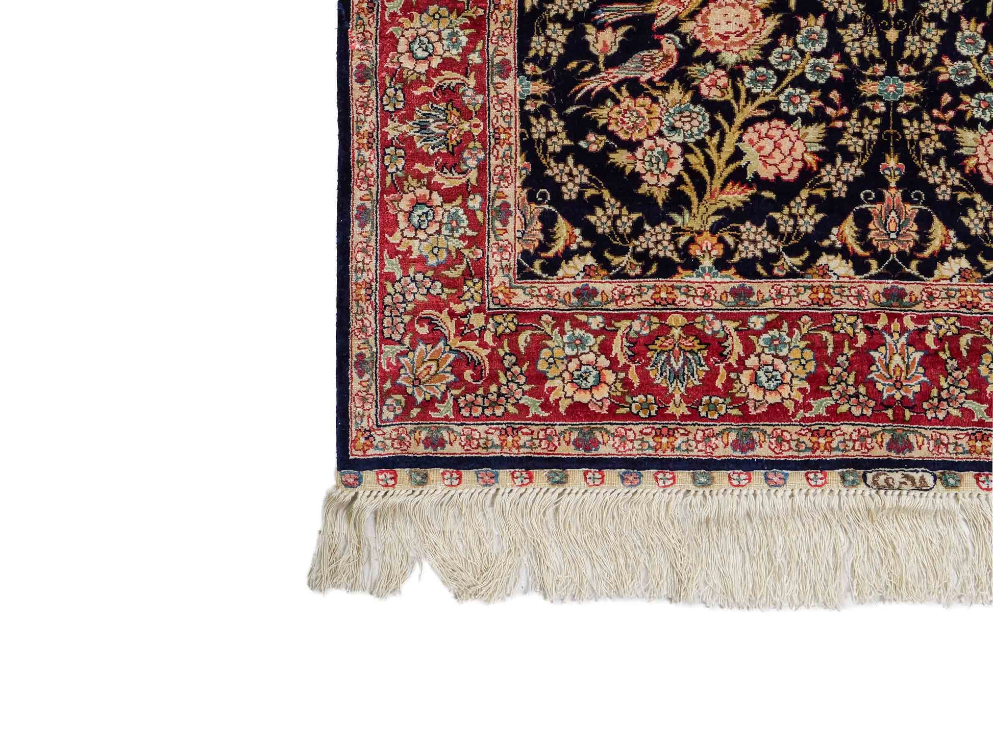 Sehr feiner, handgeknüpfter Khademi Orientteppich Läufer mit Ghom Design aus reiner Seide, blau, rot. 240x80 cm. Vertrieb durch Jupiter Intl.