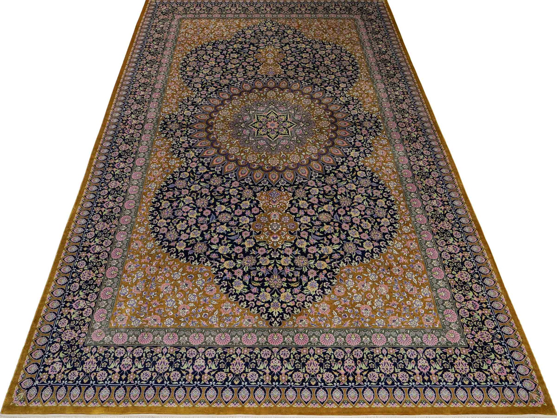 Sehr feiner, handgeknüpfter Khademi Orientteppich mit Ghom Design aus reiner Seide, oliv, blau, braun. 245x155 cm. Vertrieb durch Jupiter Intl.