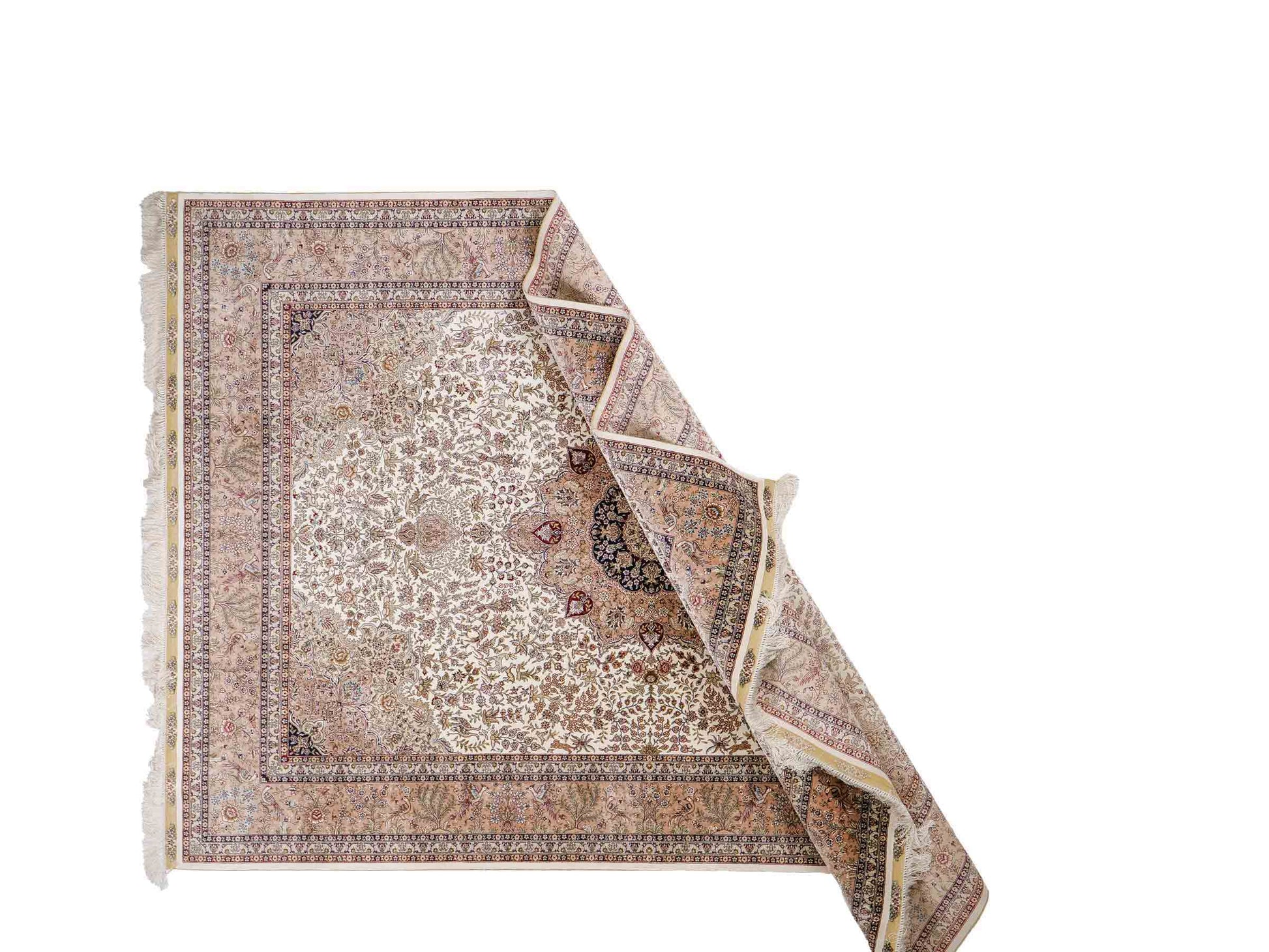 Sehr feiner, handgeknüpfter Khademi Orientteppich mit Ghom Design aus reiner Seide, creme, beige, weiß. 245x173 cm. Vertrieb durch Jupiter Intl.