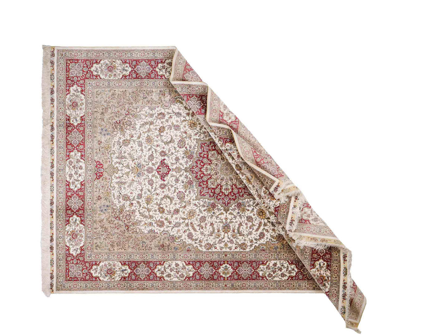 Sehr feiner, handgeknüpfter Khademi Orientteppich mit Ghom Design aus reiner Seide, creme, weiß, rot. 246x173 cm. Vertreib durch Jupiter Intl.
