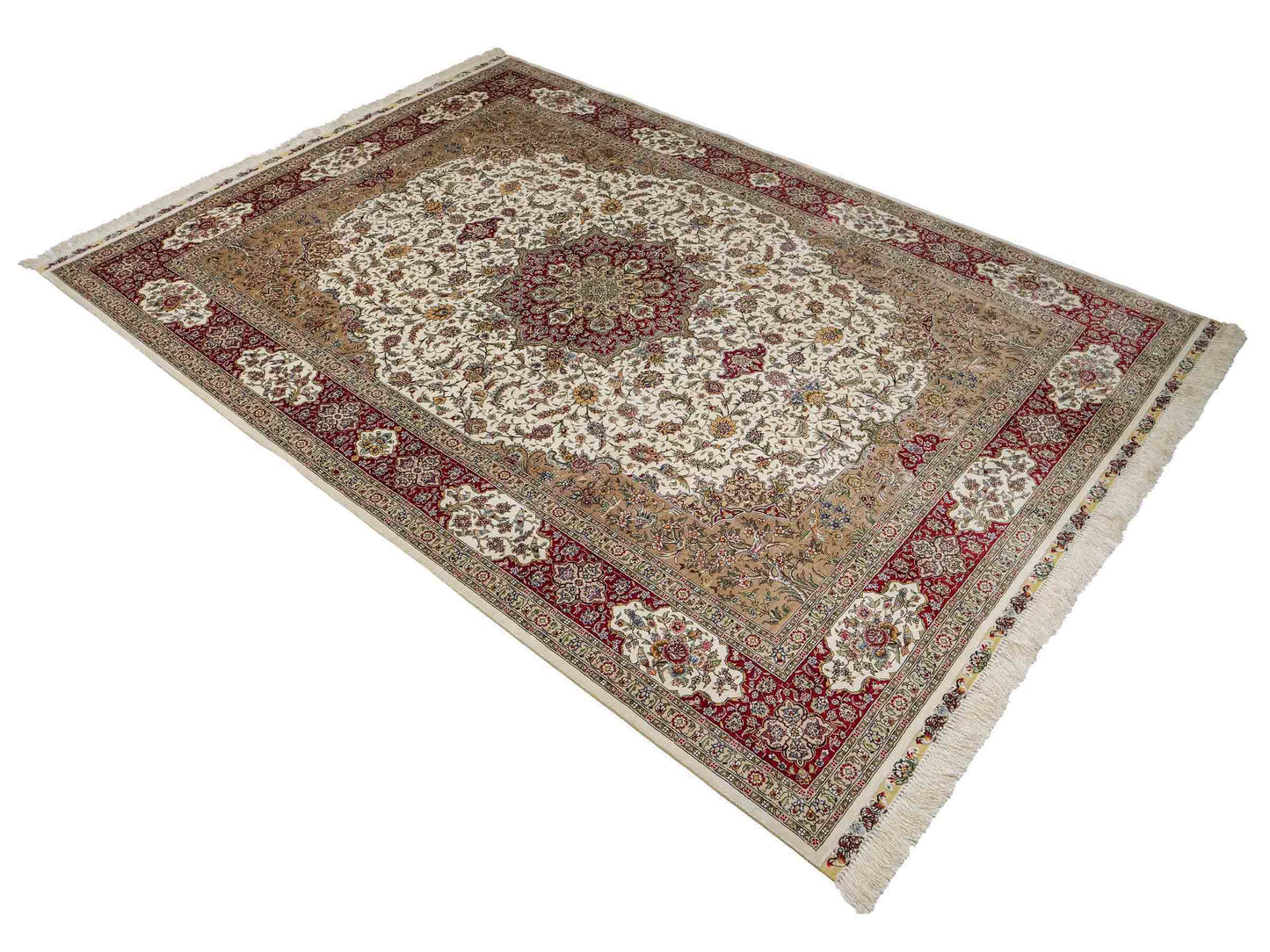 Sehr feiner, handgeknüpfter Khademi Orientteppich mit Ghom Design aus reiner Seide, creme, weiß, rot. 246x173 cm. Vertreib durch Jupiter Intl.
