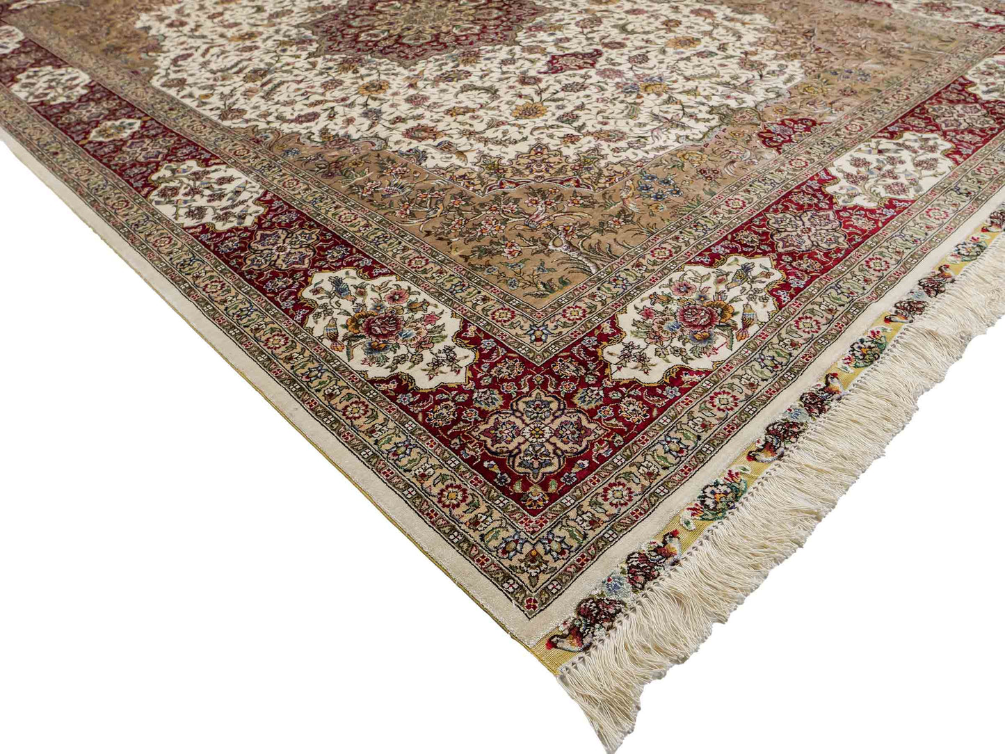 Sehr feiner, handgeknüpfter Khademi Orientteppich mit Ghom Design aus reiner Seide, creme, weiß, rot. 246x173 cm. Vertreib durch Jupiter Intl.