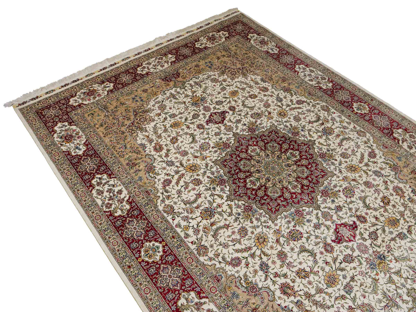 Sehr feiner, handgeknüpfter Khademi Orientteppich mit Ghom Design aus reiner Seide, creme, weiß, rot. 247x173 cm. Vertrieb durch Jupiter Intl.
