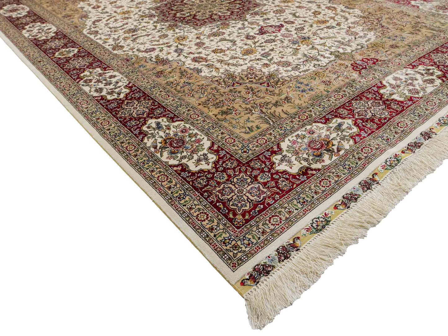 Sehr feiner, handgeknüpfter Khademi Orientteppich mit Ghom Design aus reiner Seide, creme, weiß, rot. 247x173 cm. Vertrieb durch Jupiter Intl.