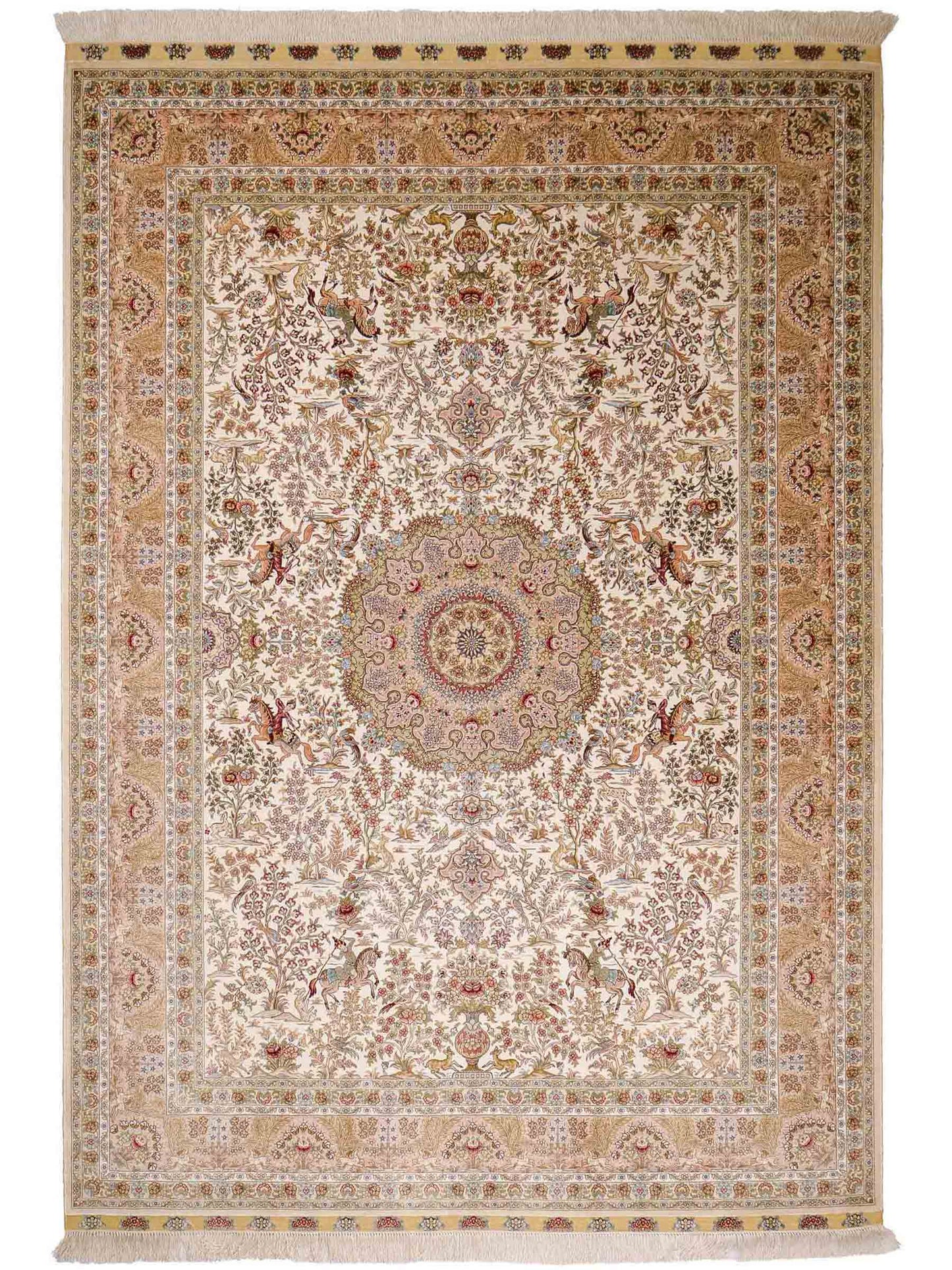 Sehr feiner, handgeknüpfter Khademi Orientteppich mit Ghom Design aus reiner Seide, creme, weiß. 248x172 cm. Vertrieb durch Jupiter Intl.
