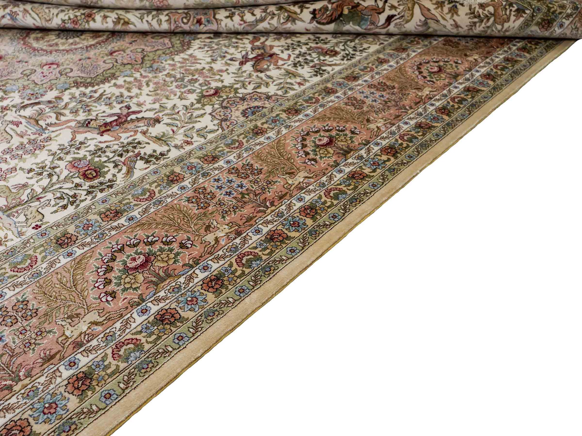Sehr feiner, handgeknüpfter Khademi Orientteppich mit Ghom Design aus reiner Seide, creme, weiß. 248x172 cm. Vertrieb durch Jupiter Intl.