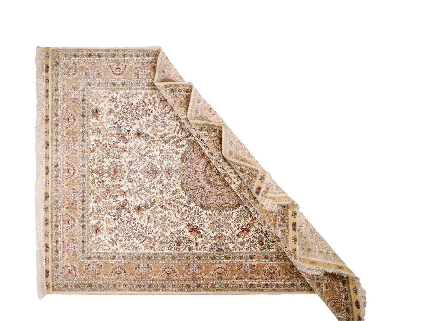 Sehr feiner, handgeknüpfter Khademi Orientteppich mit Ghom Design aus reiner Seide, creme, weiß. 248x172 cm. Vertrieb durch Jupiter Intl.
