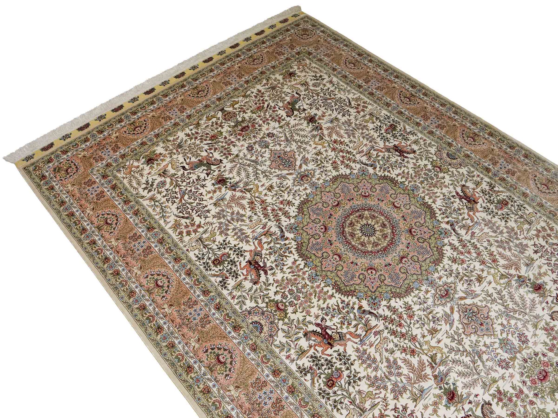 Sehr feiner, handgeknüpfter Khademi Orientteppich mit Ghom Design aus reiner Seide, creme, weiß. 248x172 cm. Vertrieb durch Jupiter Intl.