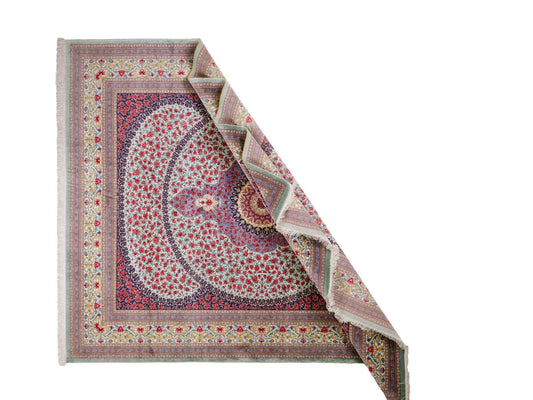 Sehr feiner, handgeknüpfter Khademi Orientteppich mit Ghom Design aus reiner Seide, blau, rot, türkis, grün. 259x205 cm. Vertrieb durch Jupiter Intl.