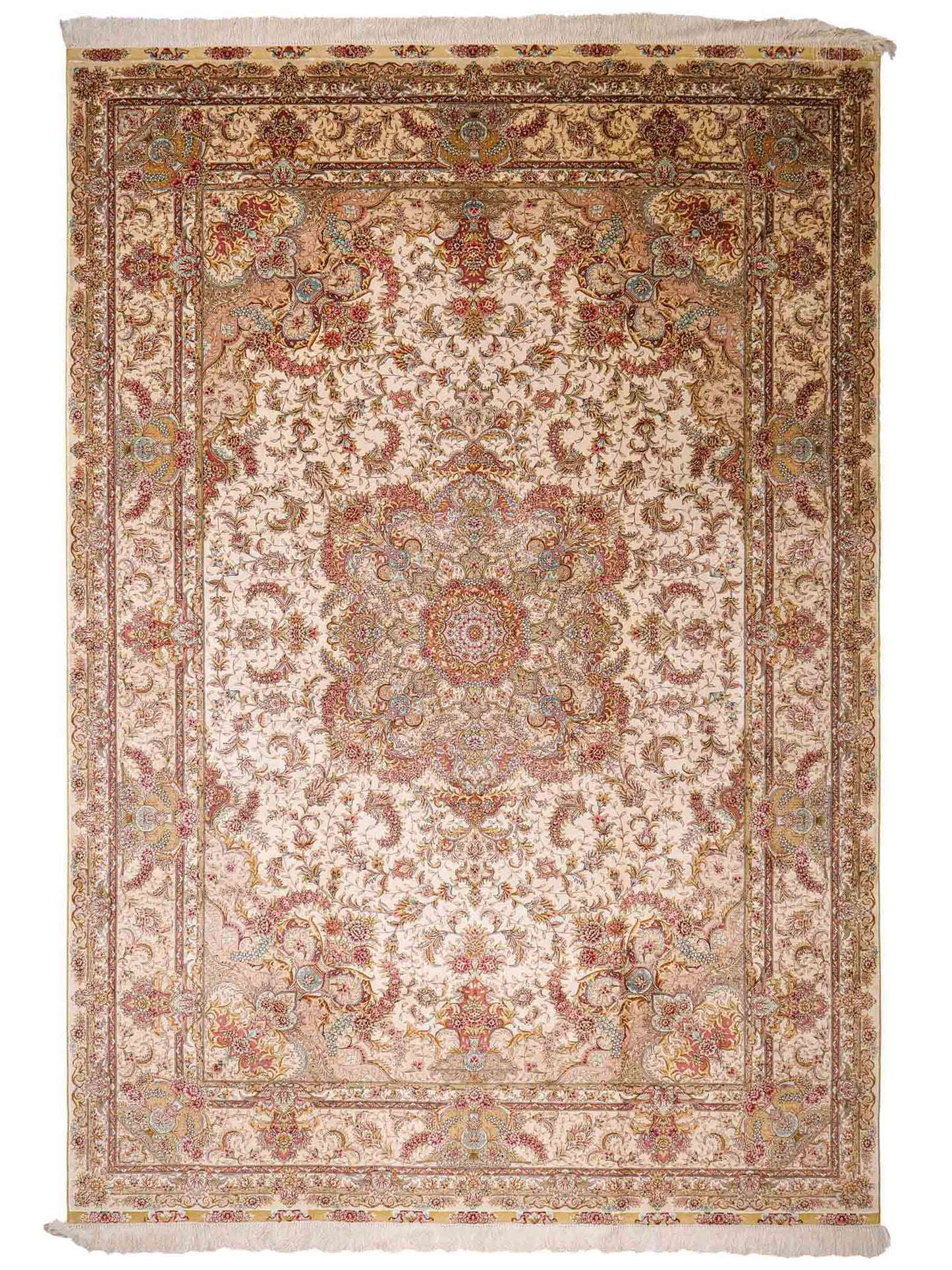Sehr feiner, handgeknüpfter Khademi Orientteppich mit Ghom Design aus reiner Seide, creme, weiß. 280x184 cm. Vertrieb durch Jupiter Intl.
