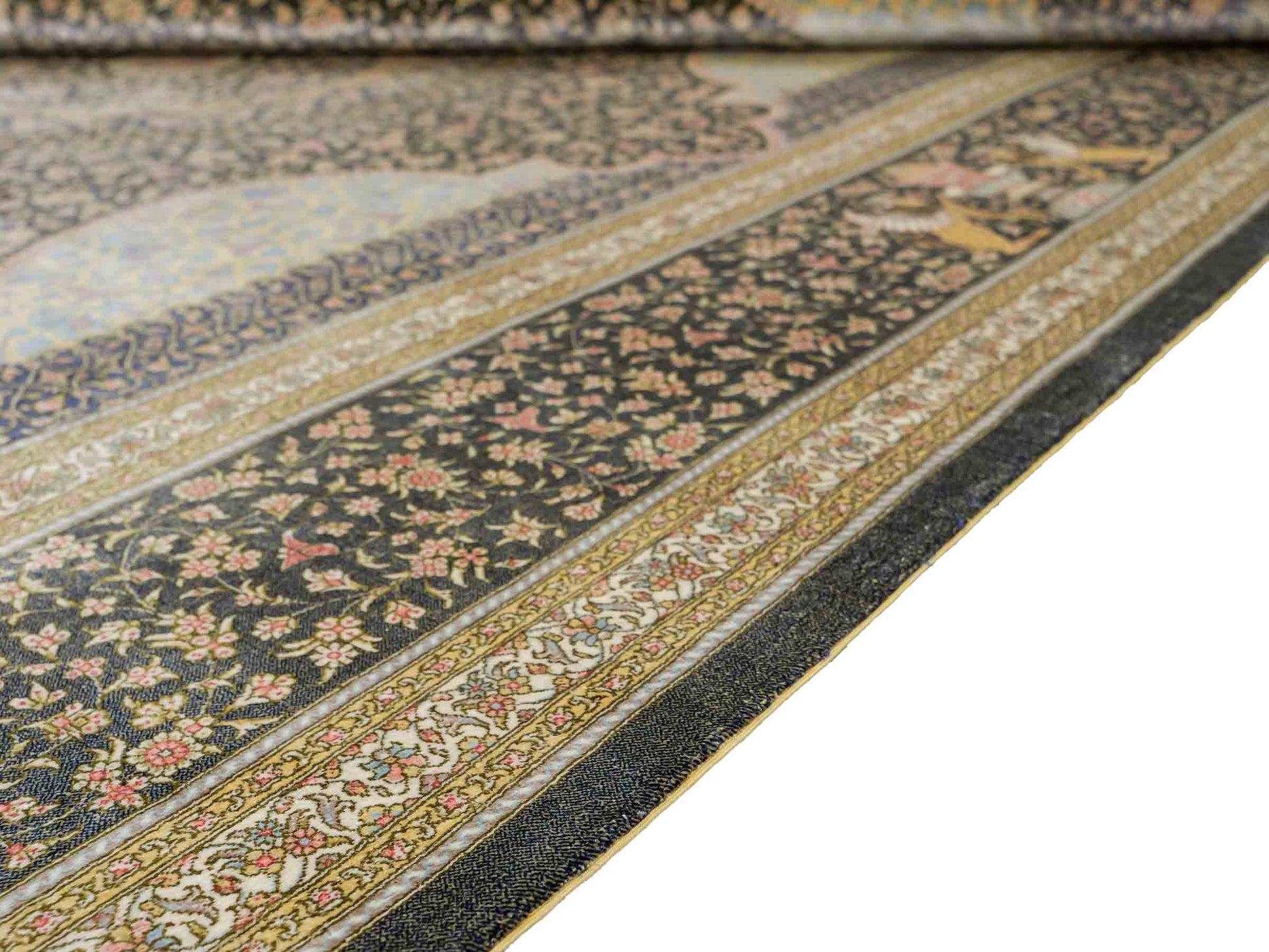 Extrem feiner, handgeknüpfter Khademi Orientteppich mit Ghom Design aus reiner Seide, blau, gold. Unikat. 280x188 cm. Vertrieb durch Jupiter Intl.