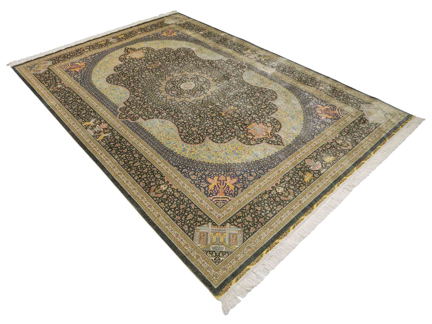 Extrem feiner, handgeknüpfter Khademi Orientteppich mit Ghom Design aus reiner Seide, blau, gold. Unikat. 280x188 cm. Vertrieb durch Jupiter Intl.