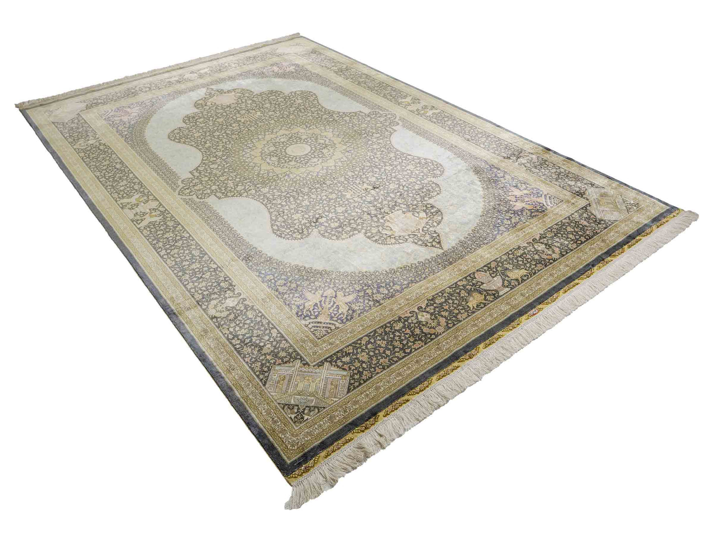 Extrem feiner, handgeknüpfter Khademi Orientteppich mit Ghom Design aus reiner Seide, blau, gold. Unikat. 280x188 cm. Vertrieb durch Jupiter Intl.