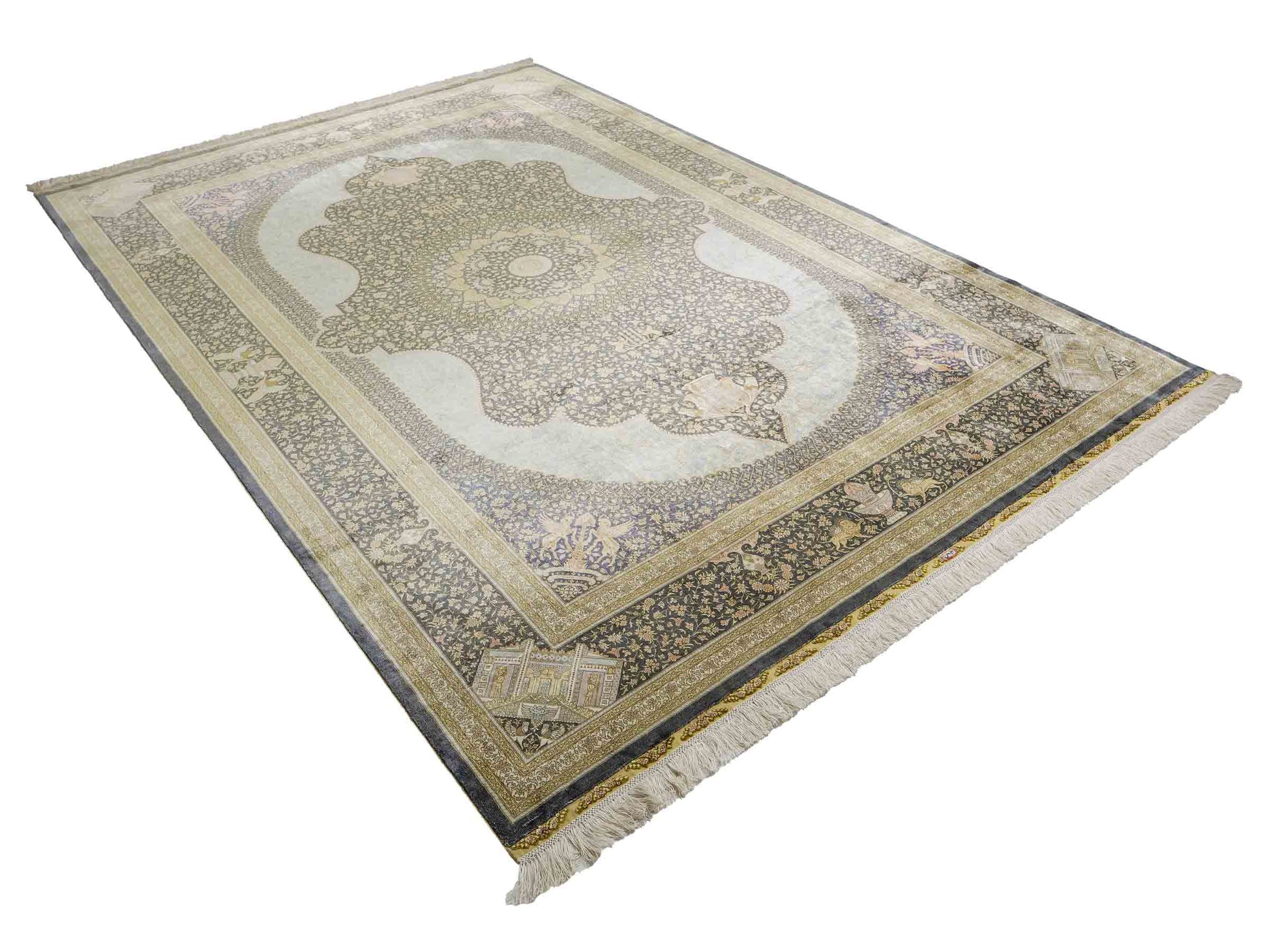 Extrem feiner, handgeknüpfter Khademi Orientteppich mit Ghom Design aus reiner Seide, blau, gold. Unikat. 280x188 cm. Vertrieb durch Jupiter Intl.