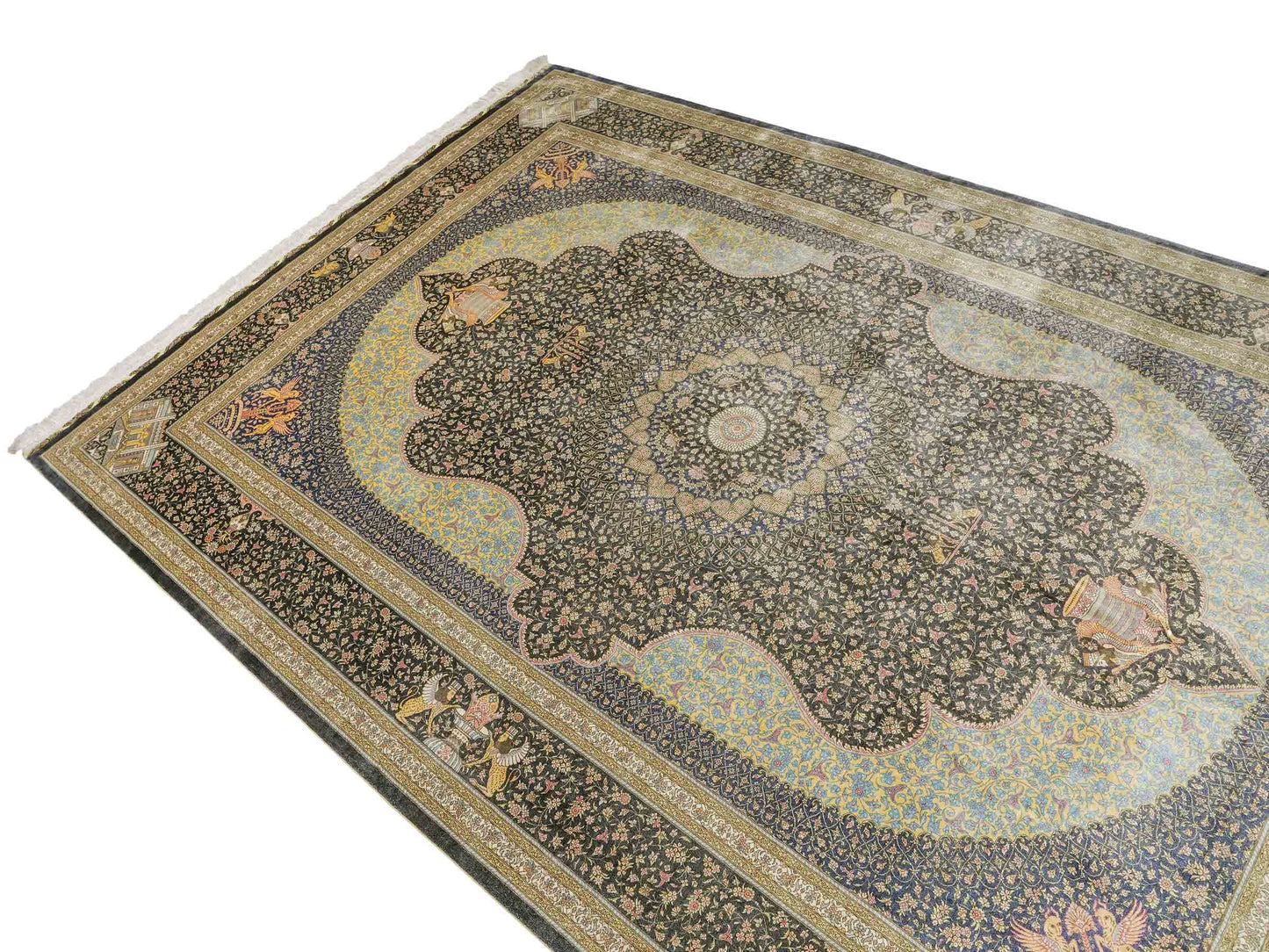 Extrem feiner, handgeknüpfter Khademi Orientteppich mit Ghom Design aus reiner Seide, blau, gold. Unikat. 280x188 cm. Vertrieb durch Jupiter Intl.