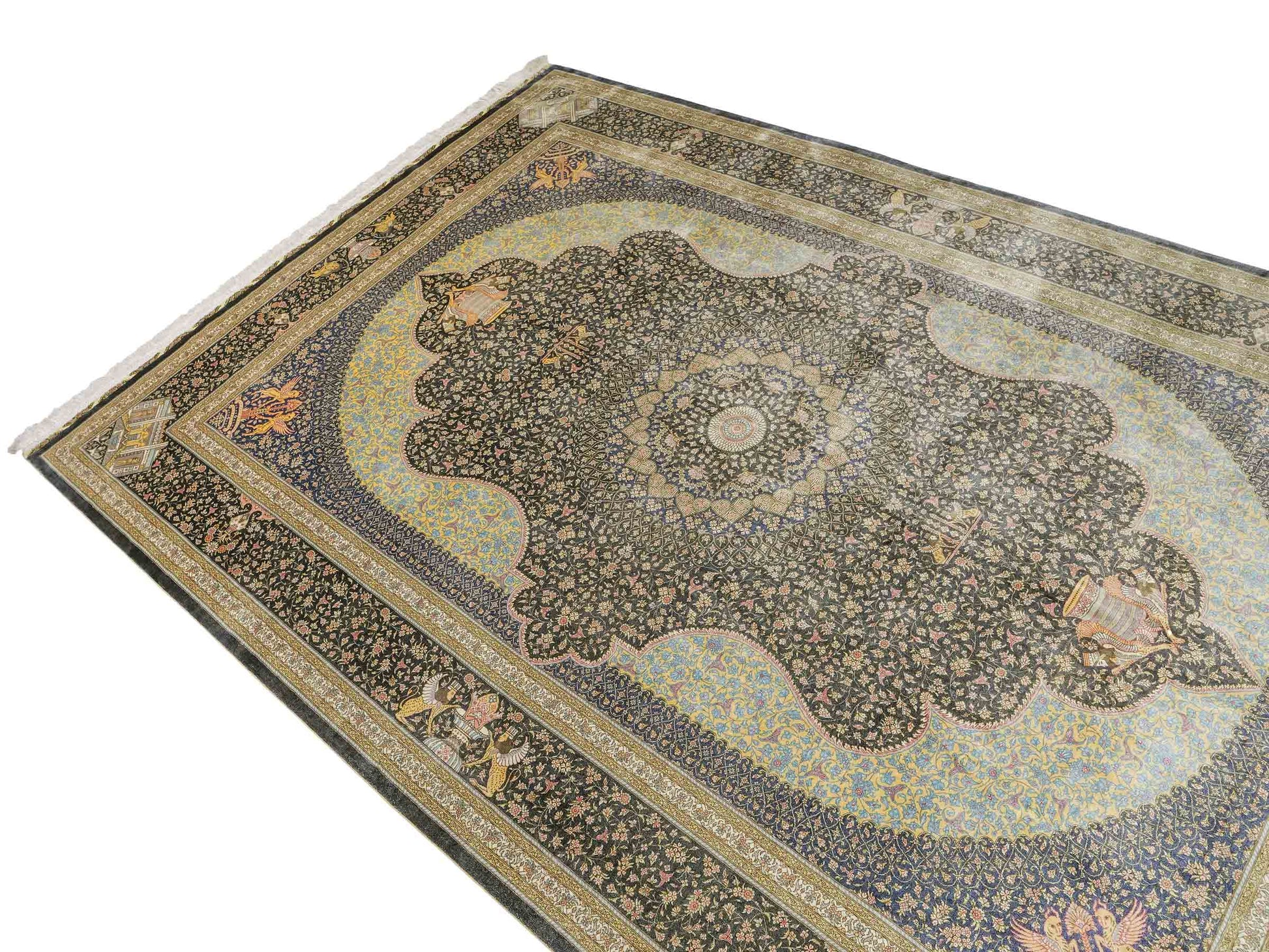 Extrem feiner, handgeknüpfter Khademi Orientteppich mit Ghom Design aus reiner Seide, blau, gold. Unikat. 280x188 cm. Vertrieb durch Jupiter Intl.