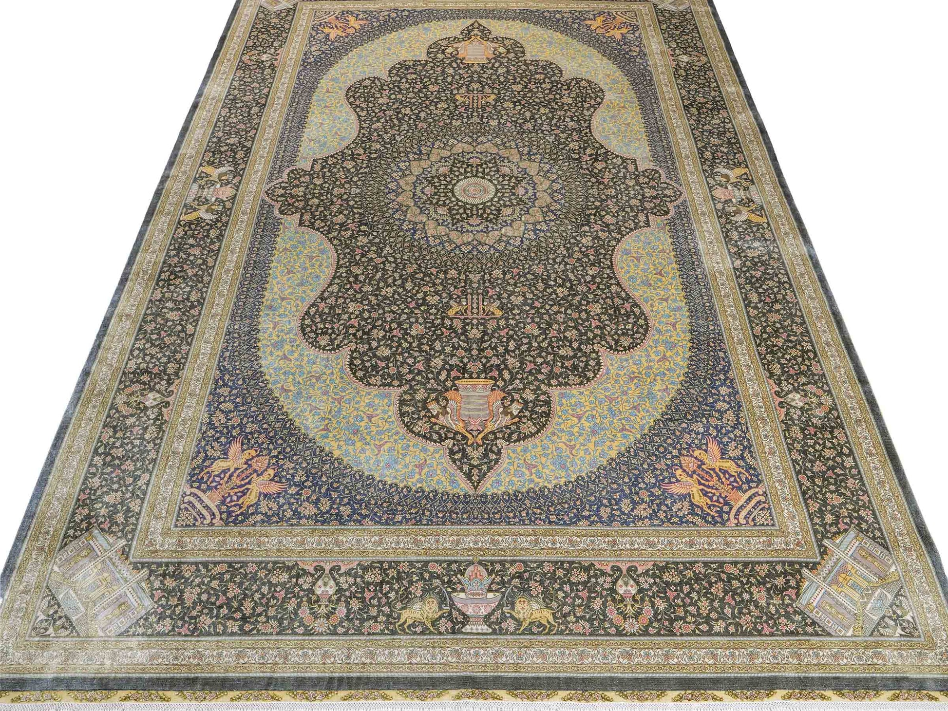 Extrem feiner, handgeknüpfter Khademi Orientteppich mit Ghom Design aus reiner Seide, blau, gold. Unikat. 280x188 cm. Vertrieb durch Jupiter Intl.
