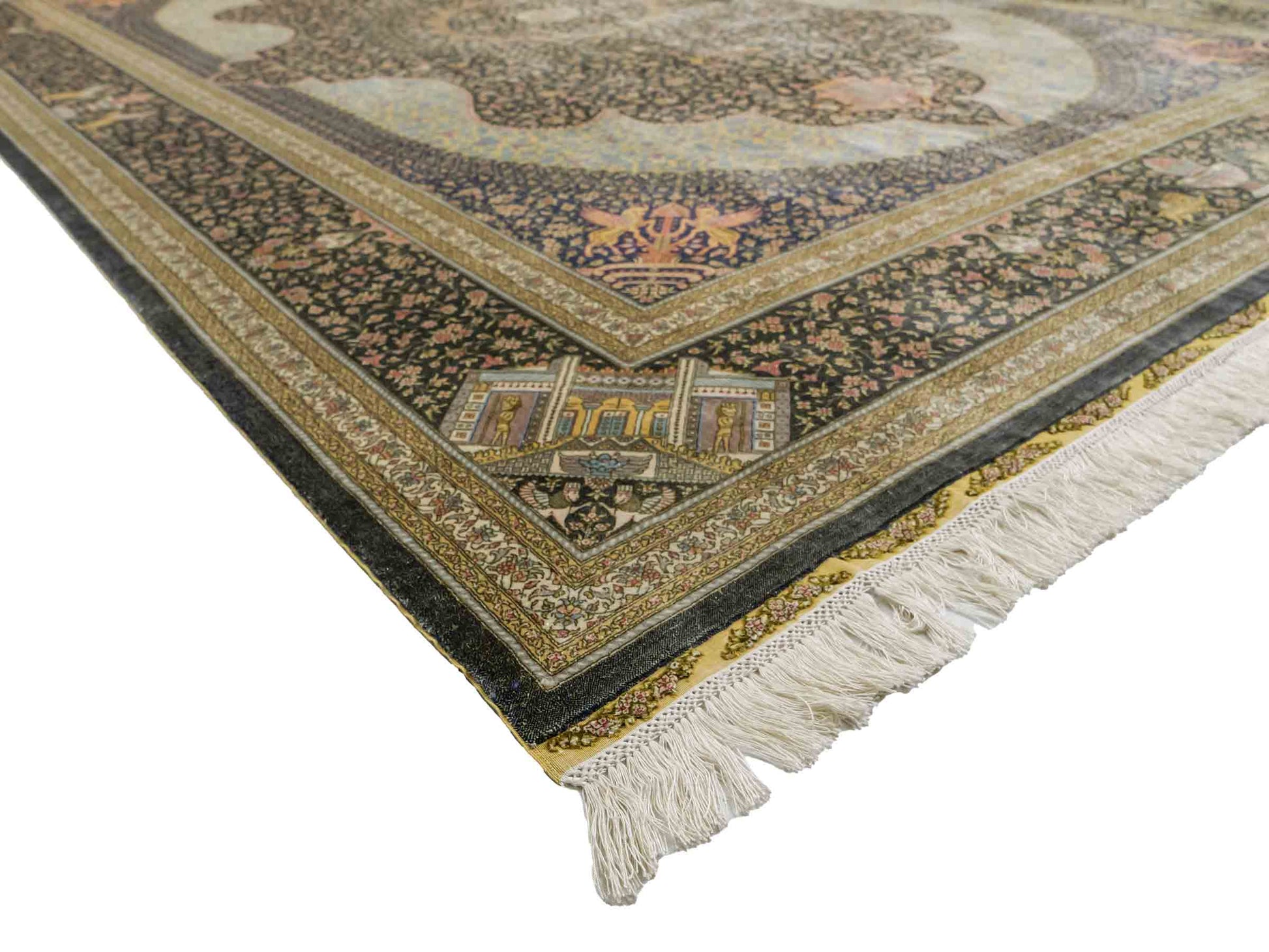 Extrem feiner, handgeknüpfter Khademi Orientteppich mit Ghom Design aus reiner Seide, blau, gold. Unikat. 280x188 cm. Vertrieb durch Jupiter Intl.