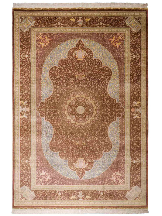 Extrem feiner, handgeknüpfter Khademi Orientteppich mit Ghom Design aus reiner Seide, braun, rost, gold. Unikat. 286x187 cm. Vertrieb durch Jupiter Intl.