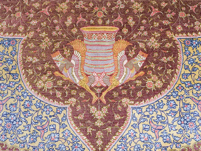 Extrem feiner, handgeknüpfter Khademi Orientteppich mit Ghom Design aus reiner Seide, braun, rost, gold. Unikat. 286x187 cm. Vertrieb durch Jupiter Intl.