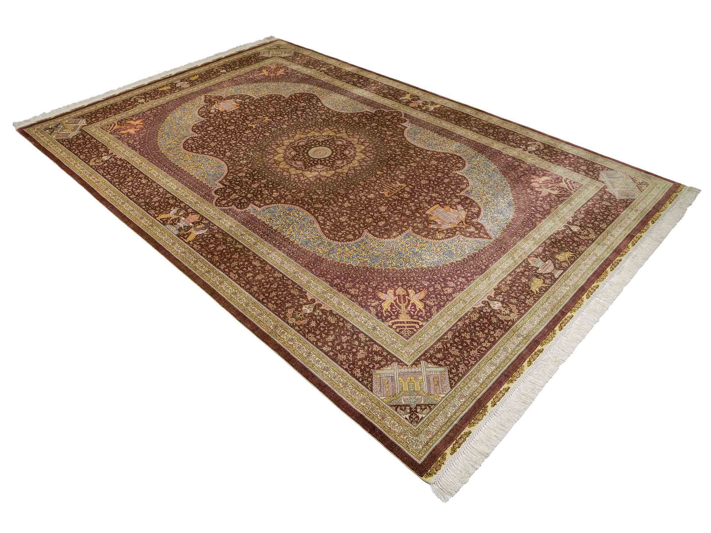 Extrem feiner, handgeknüpfter Khademi Orientteppich mit Ghom Design aus reiner Seide, braun, rost, gold. Unikat. 286x187 cm. Vertrieb durch Jupiter Intl.