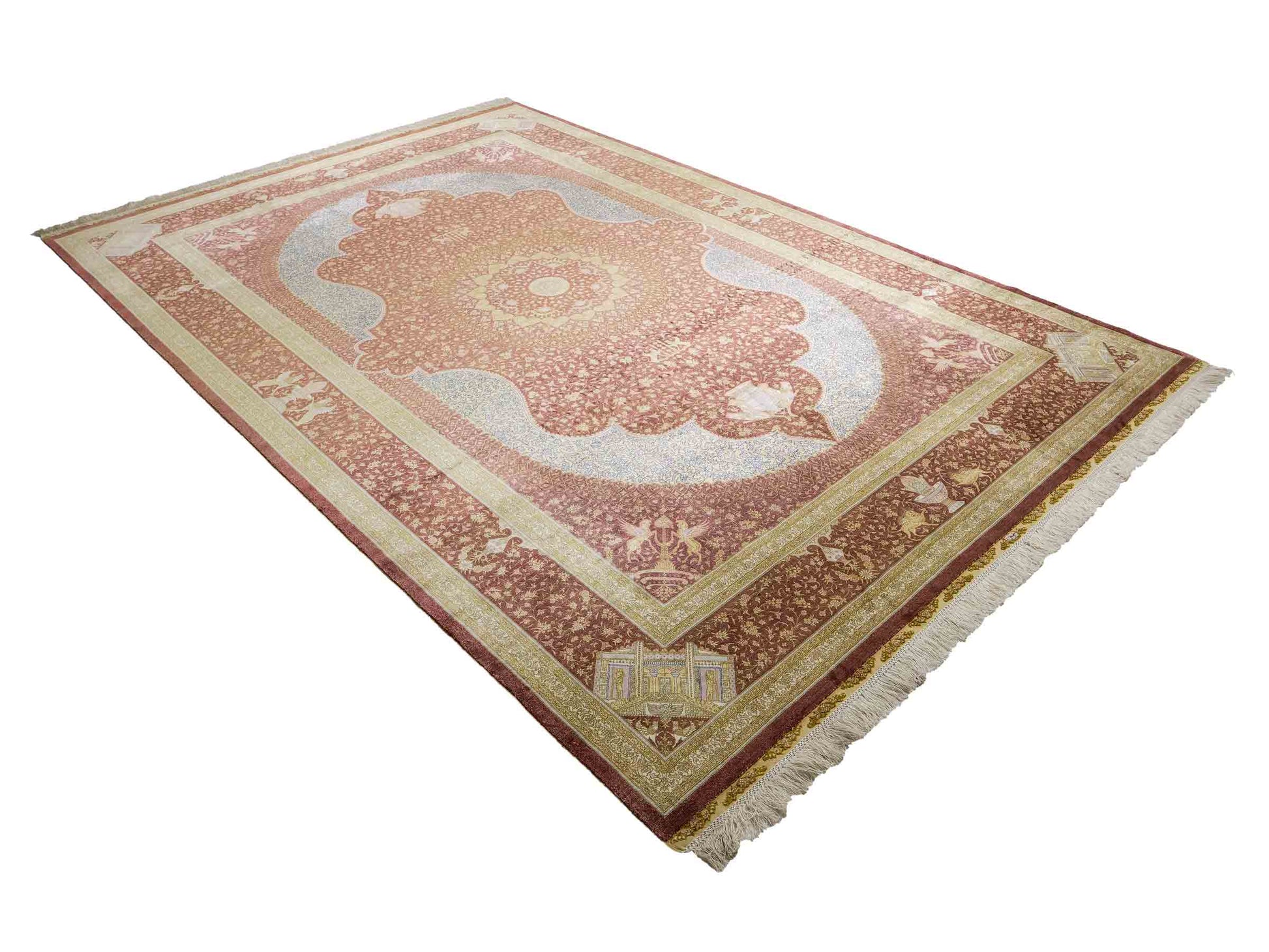 Extrem feiner, handgeknüpfter Khademi Orientteppich mit Ghom Design aus reiner Seide, braun, rost, gold. Unikat. 286x187 cm. Vertrieb durch Jupiter Intl.