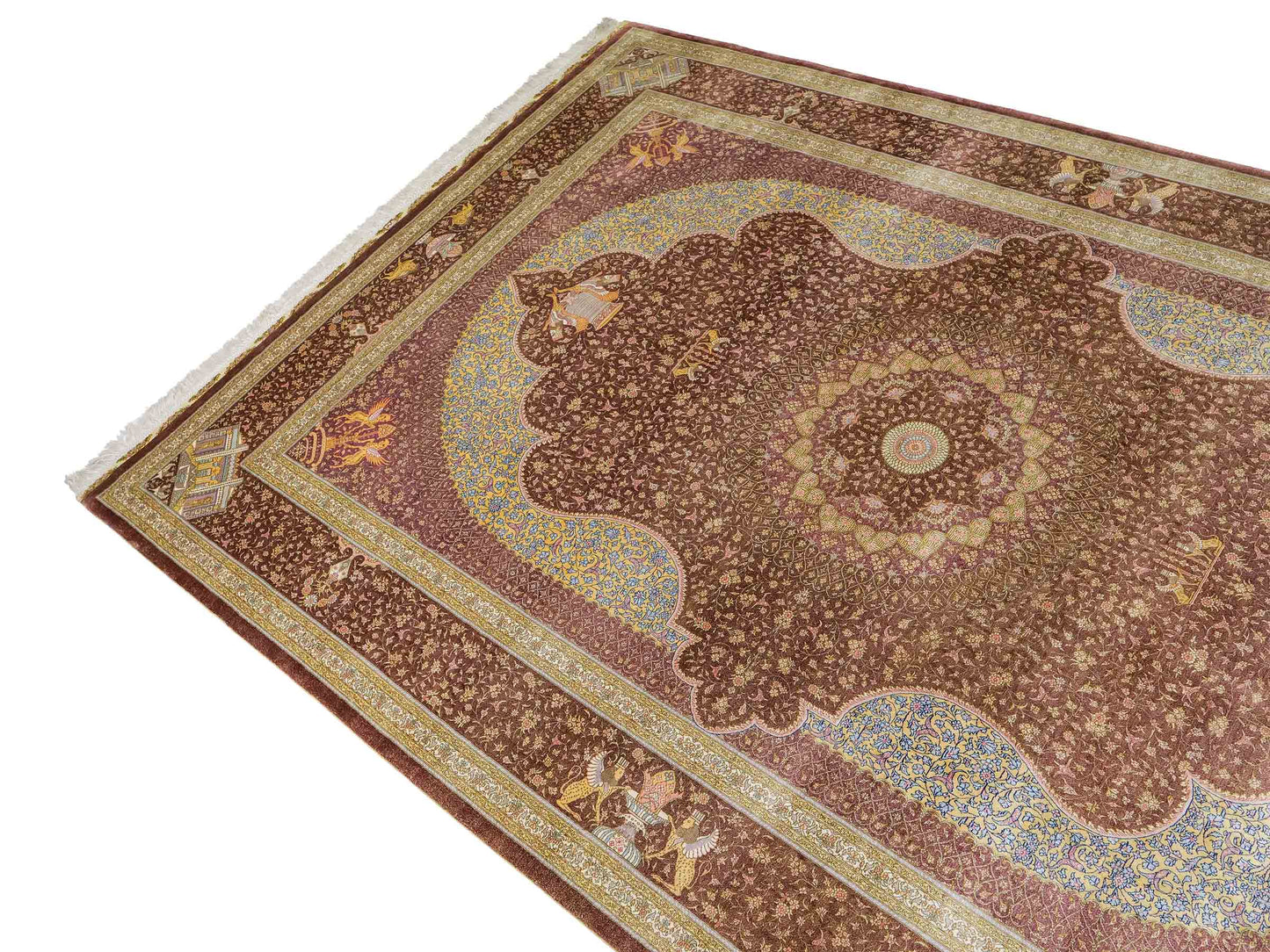 Extrem feiner, handgeknüpfter Khademi Orientteppich mit Ghom Design aus reiner Seide, braun, rost, gold. Unikat. 286x187 cm. Vertrieb durch Jupiter Intl.
