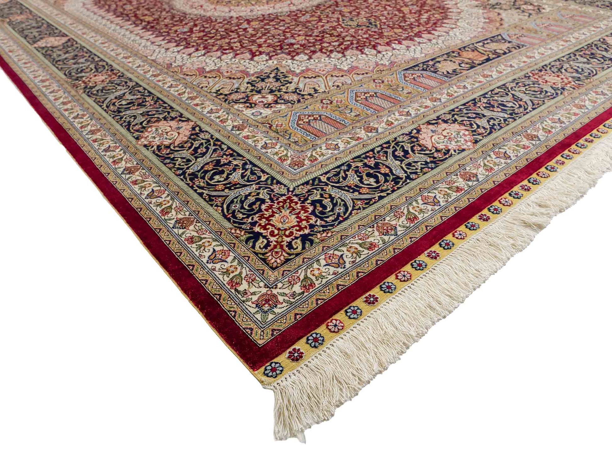 Sehr feiner, handgeknüpfter Khademi Orientteppich mit Ghom Design aus reiner Seide, rot, blau, creme. 305x206 cm. Vertrieb durch Jupiter Intl.