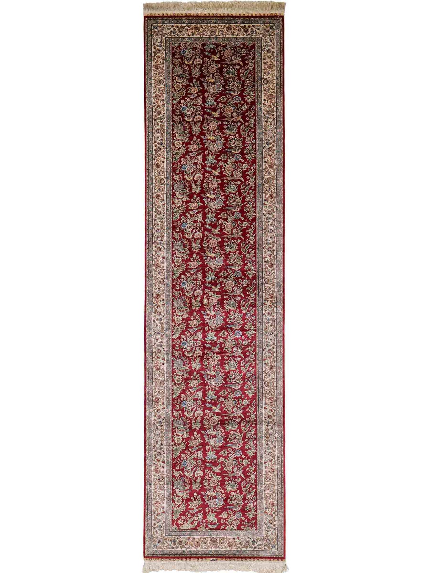 Sehr feiner, handgeknüpfter Khademi Orientteppich Läufer aus Seide mit Ghom Design, rot, creme. 306x79 cm. Vertrieb durch Jupiter Intl.