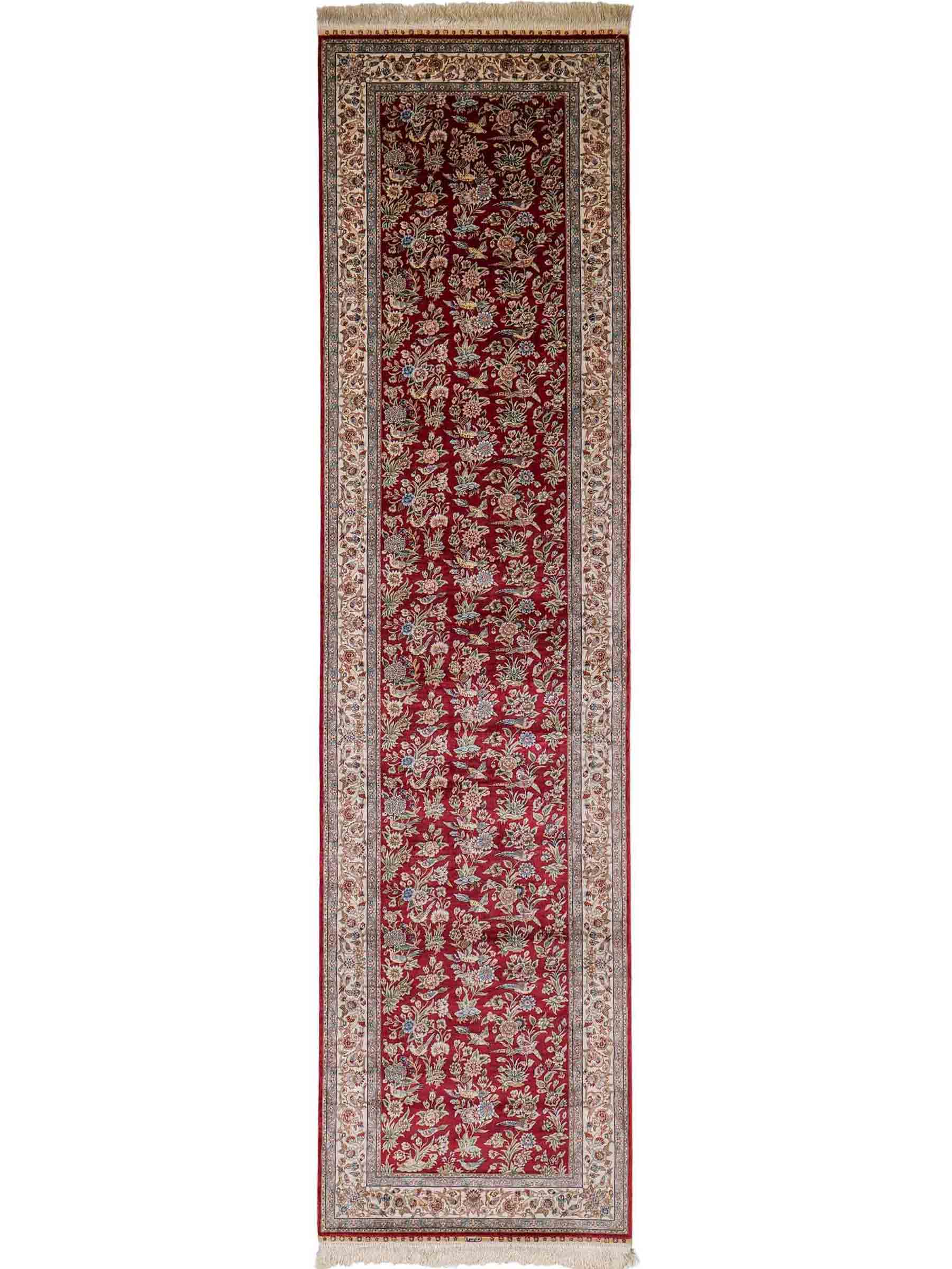 Sehr feiner, handgeknüpfter Khademi Orientteppich Läufer aus Seide mit Ghom Design, rot, creme. 306x79 cm. Vertrieb durch Jupiter Intl.