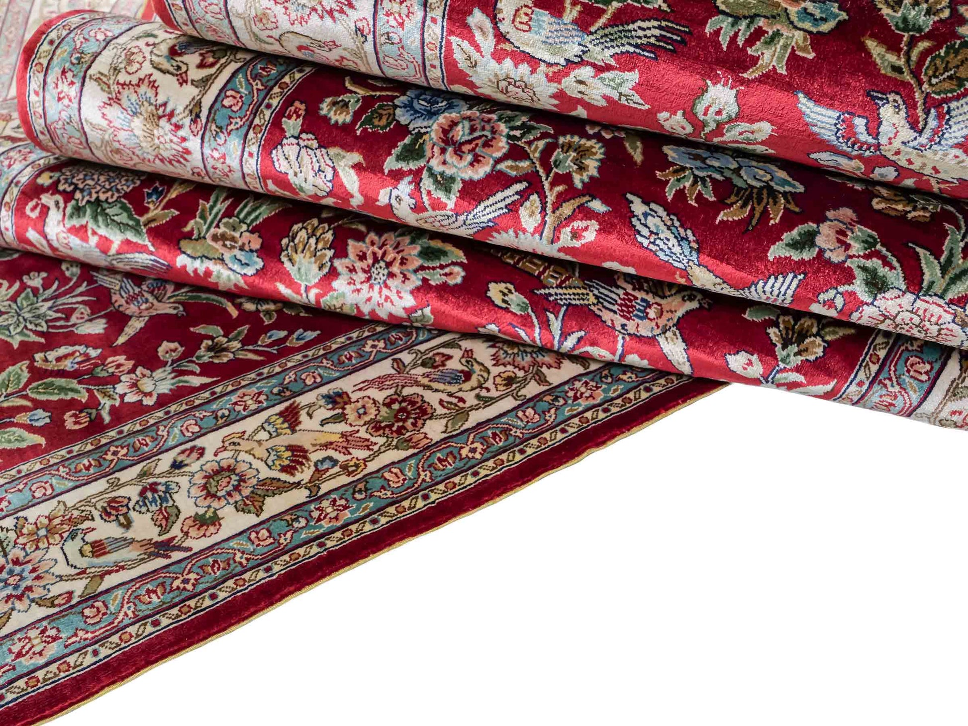 Sehr feiner, handgeknüpfter Khademi Orientteppich Läufer aus Seide mit Ghom Design, rot, creme. 306x79 cm. Vertrieb durch Jupiter Intl.